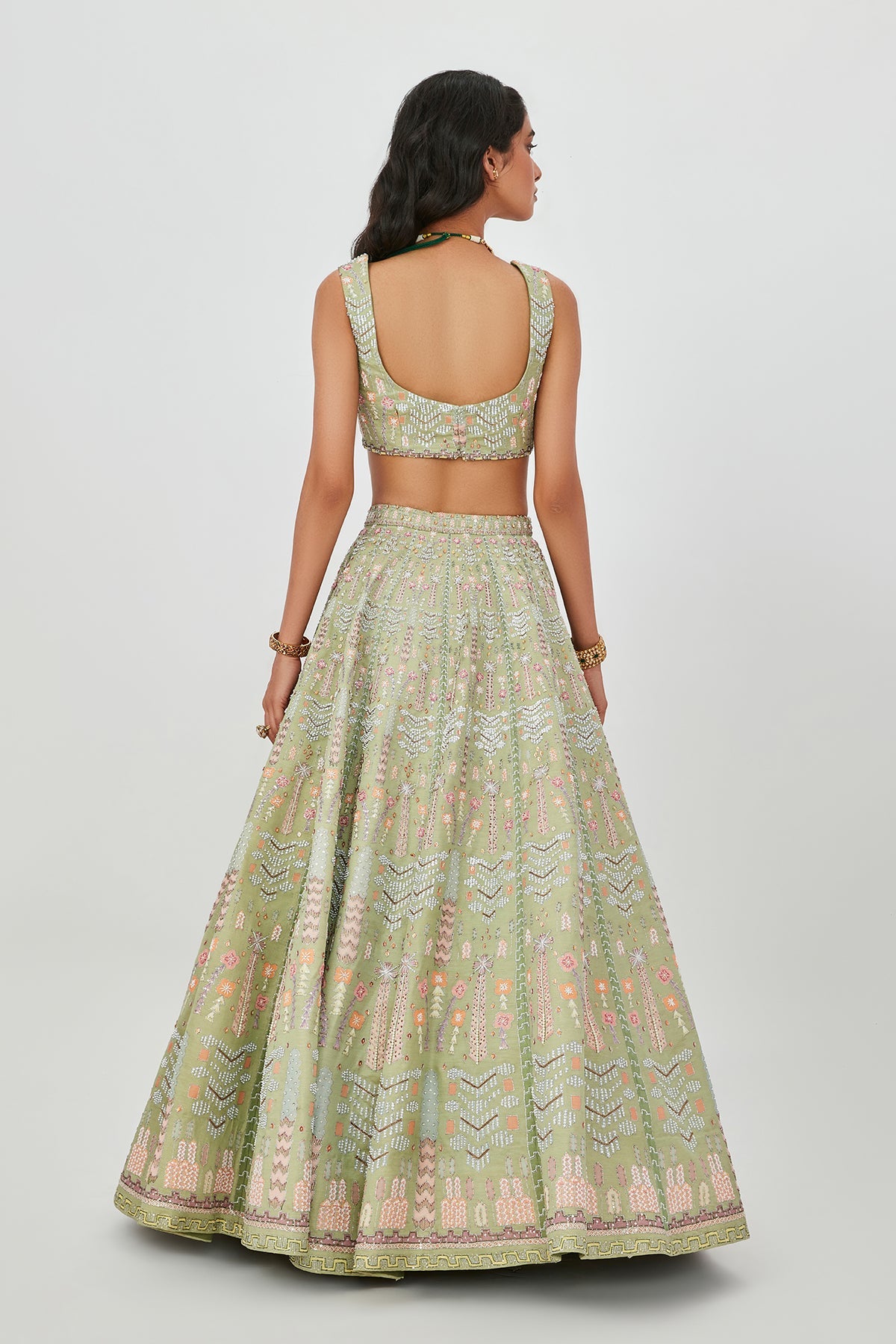Shazia - Moss Green Kasab Satin Lehenga Set