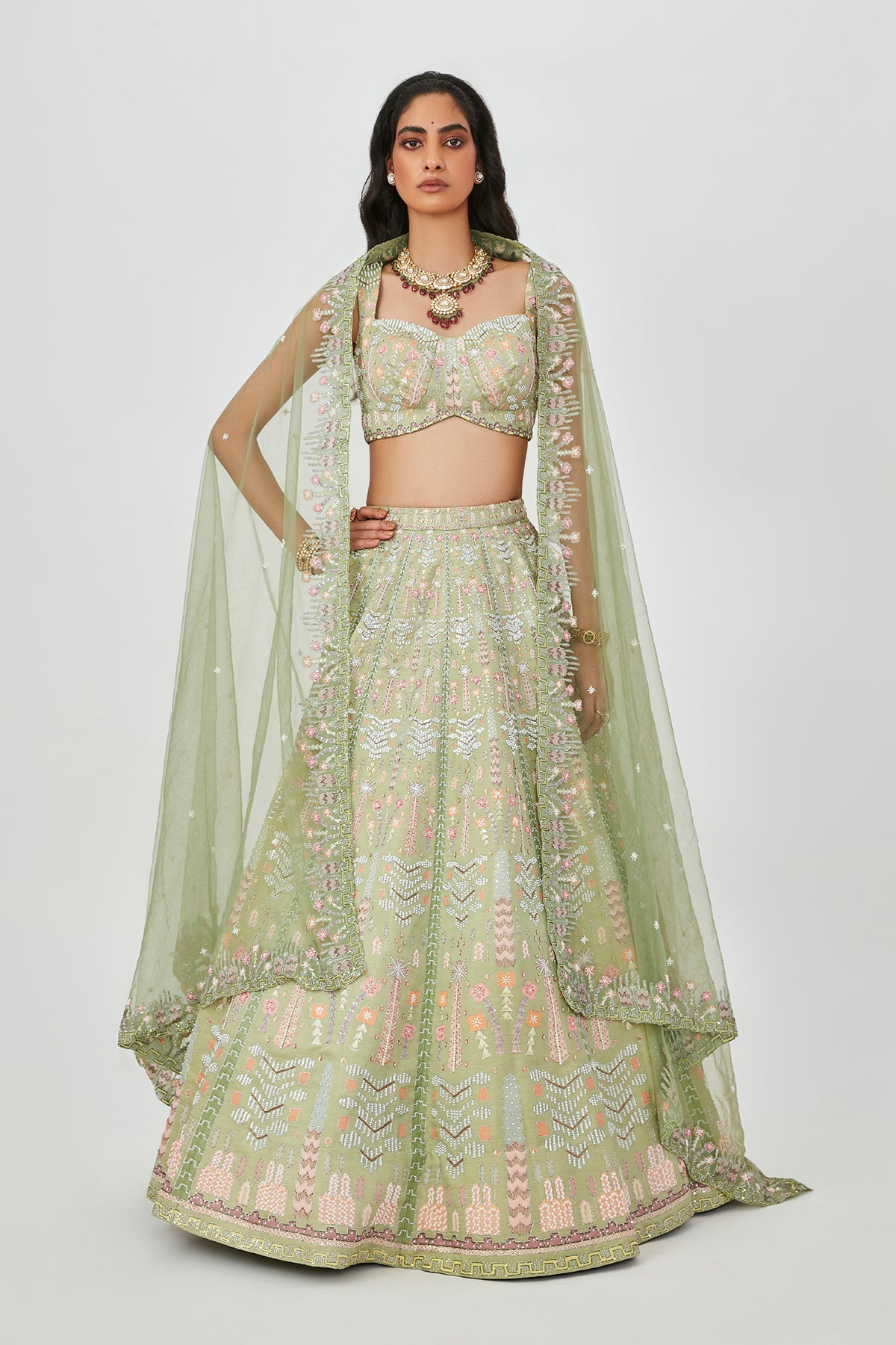 Shazia - Moss Green Kasab Satin Lehenga Set