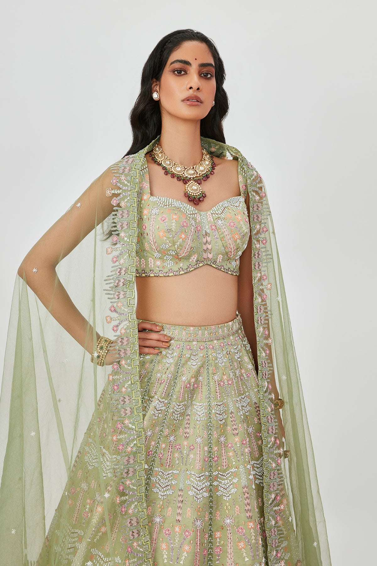 Shazia - Moss Green Kasab Satin Lehenga Set