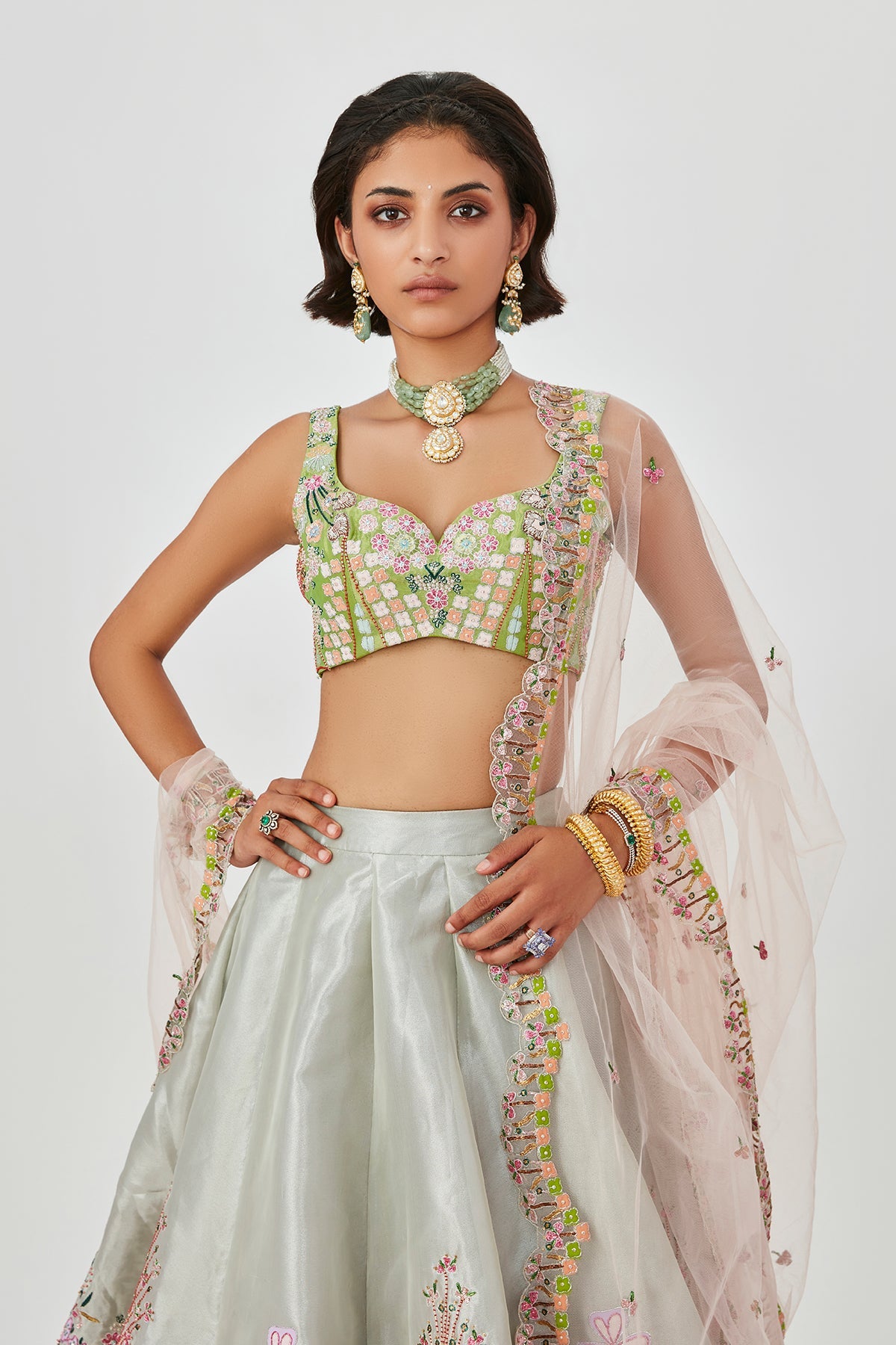 Gulshan - Ivory Lime Tissue Lehenga Set