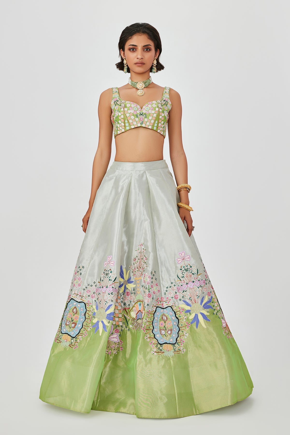 Gulshan - Ivory Lime Tissue Lehenga Set