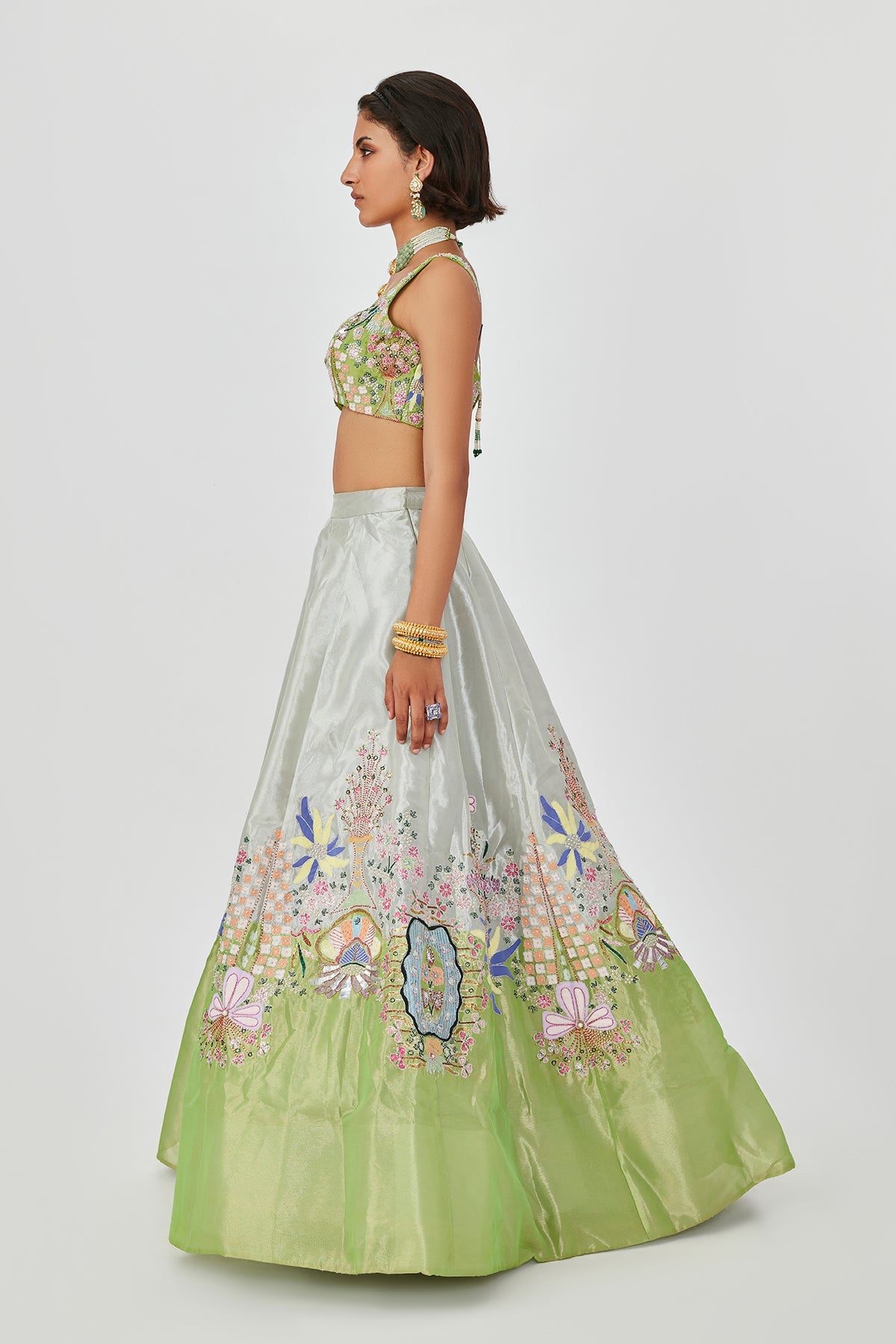 Gulshan - Ivory Lime Tissue Lehenga Set