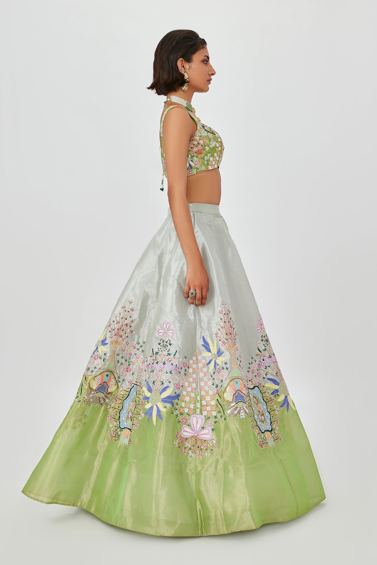 Gulshan - Ivory Lime Tissue Lehenga Set