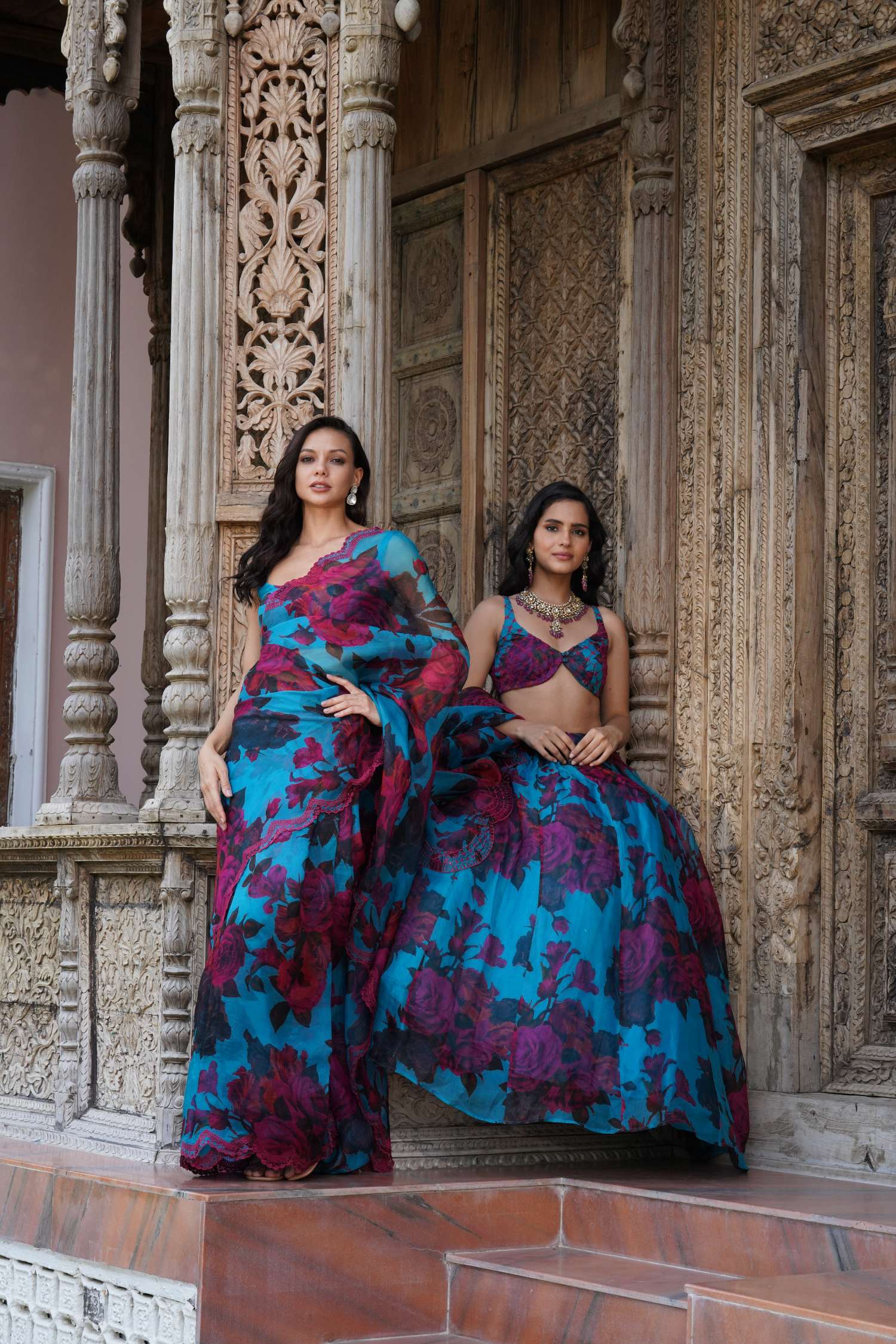 Turquise Floral Saree Set