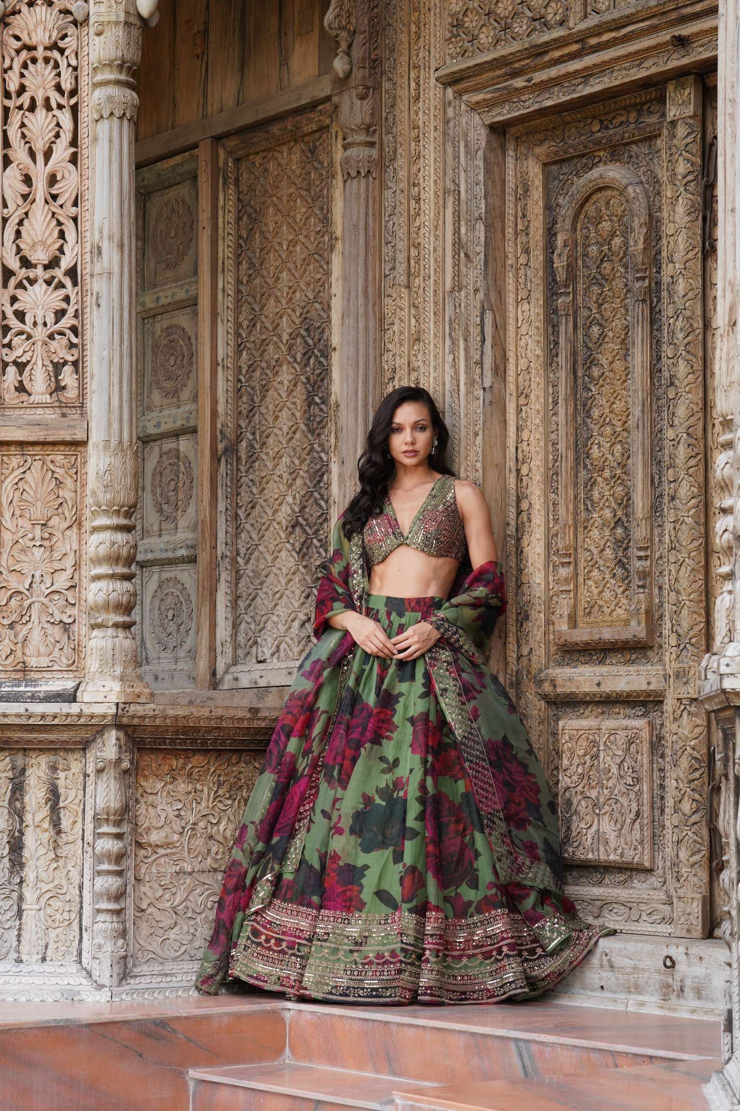 Mehendi Green Floral Lehenga Set