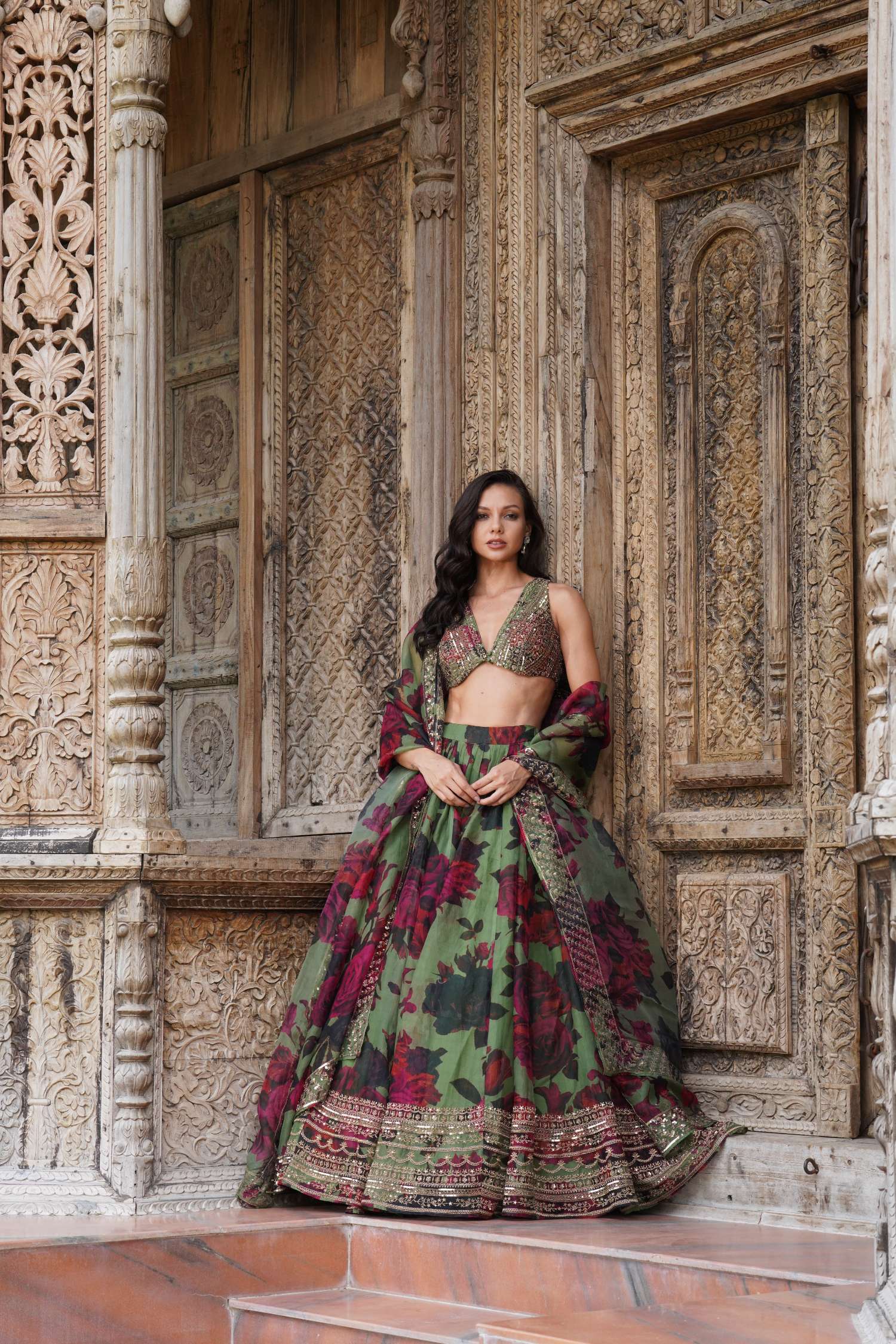 Mehendi Green Floral Lehenga Set