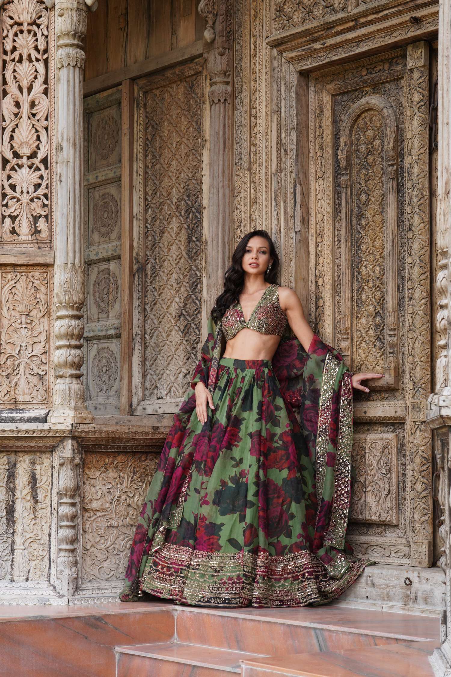 Mehendi Green Floral Lehenga Set