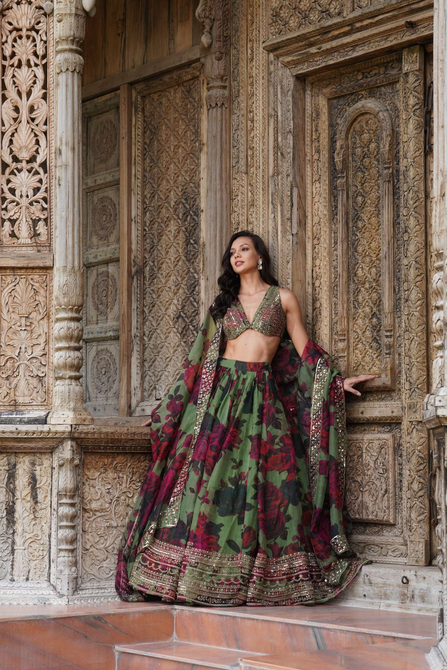 Mehendi Green Floral Lehenga Set