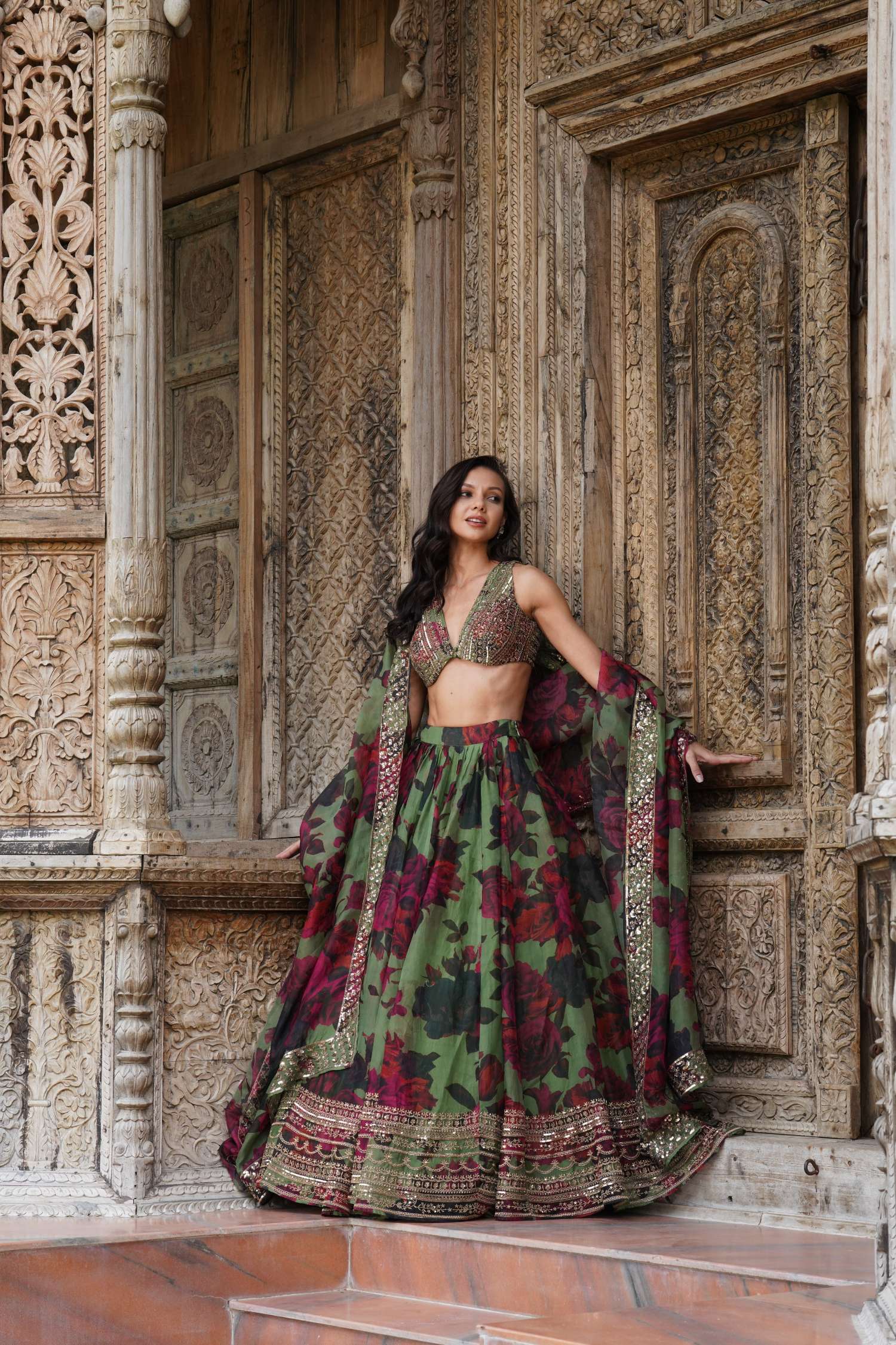 Mehendi Green Floral Lehenga Set