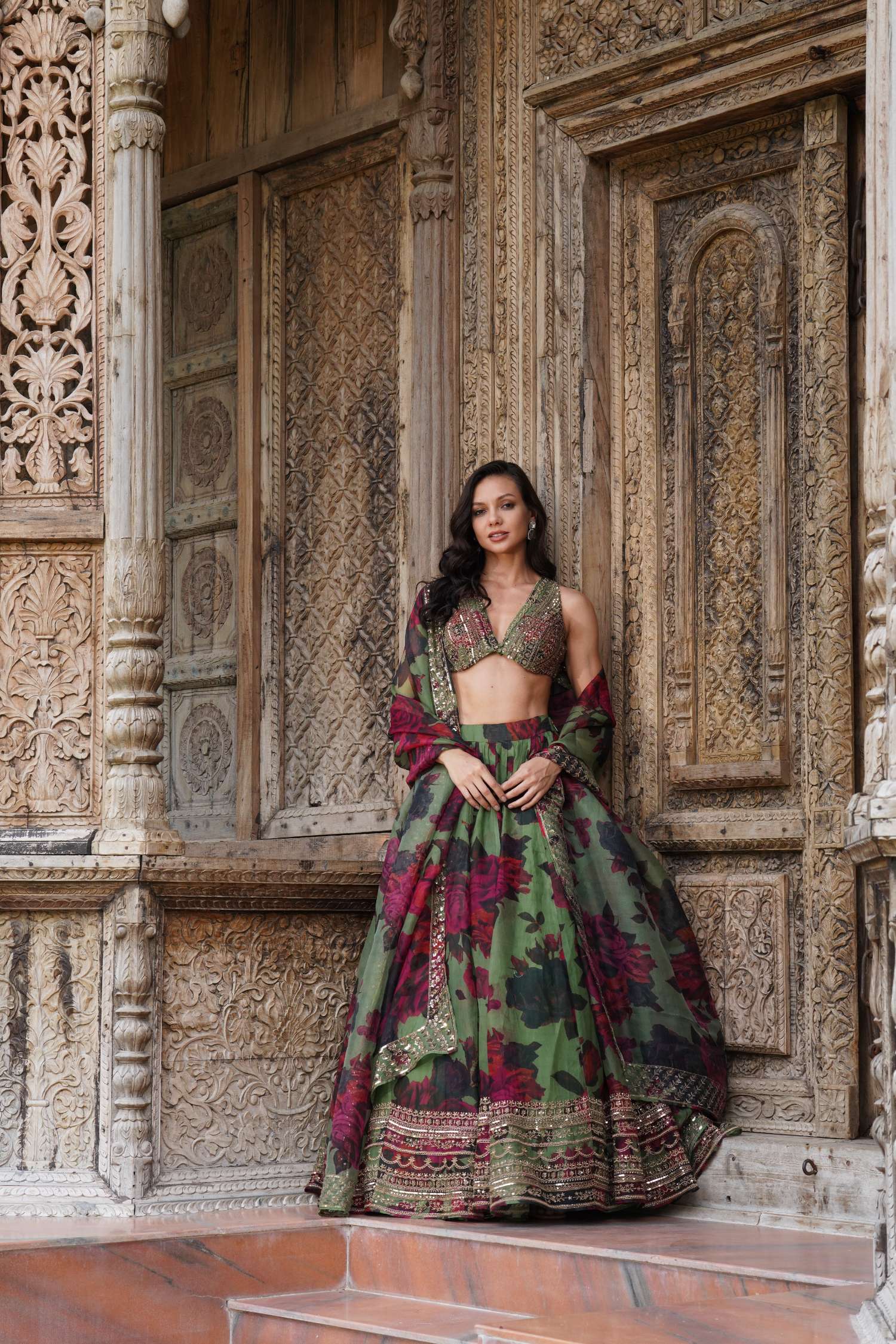 Mehendi Green Floral Lehenga Set