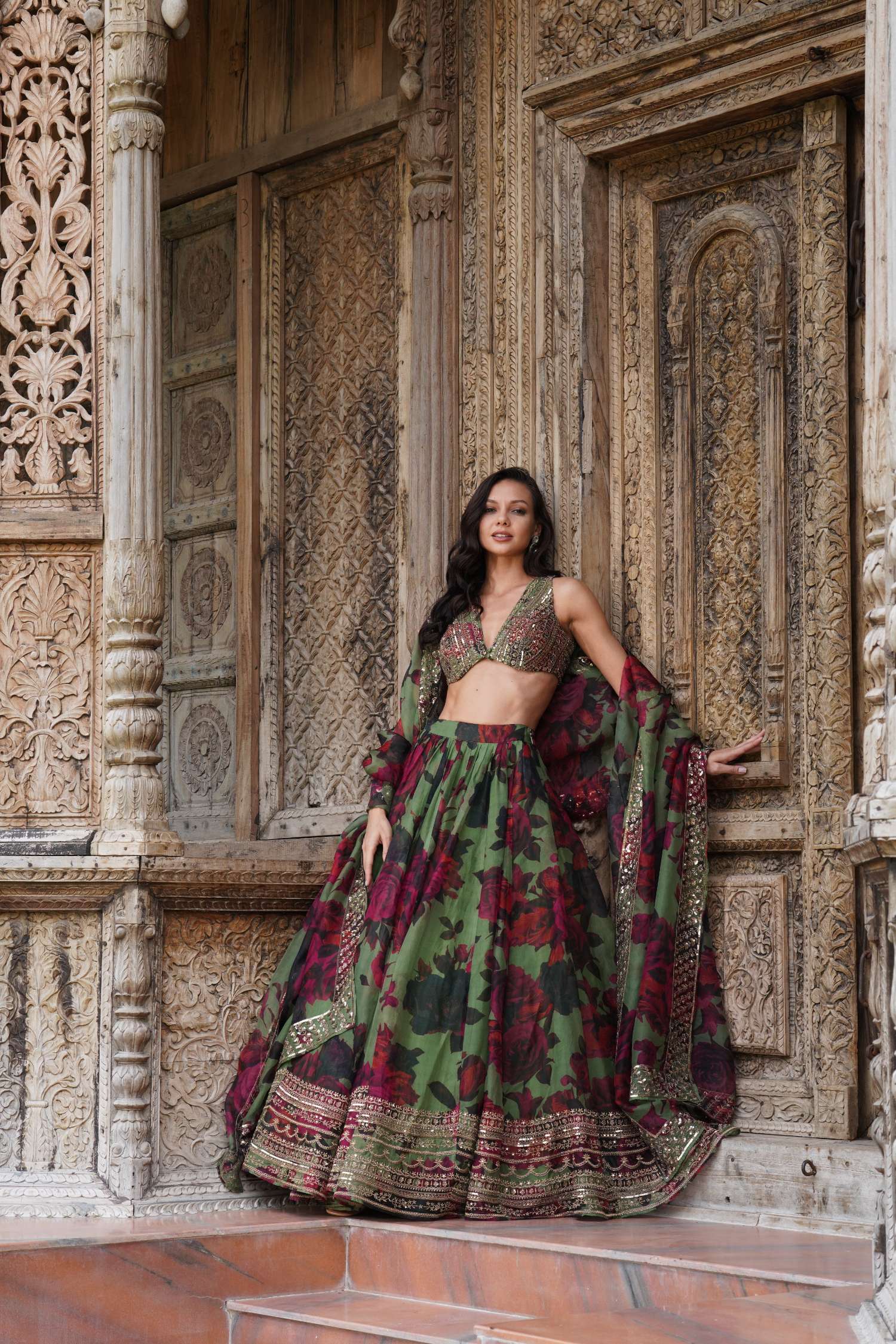 Mehendi Green Floral Lehenga Set