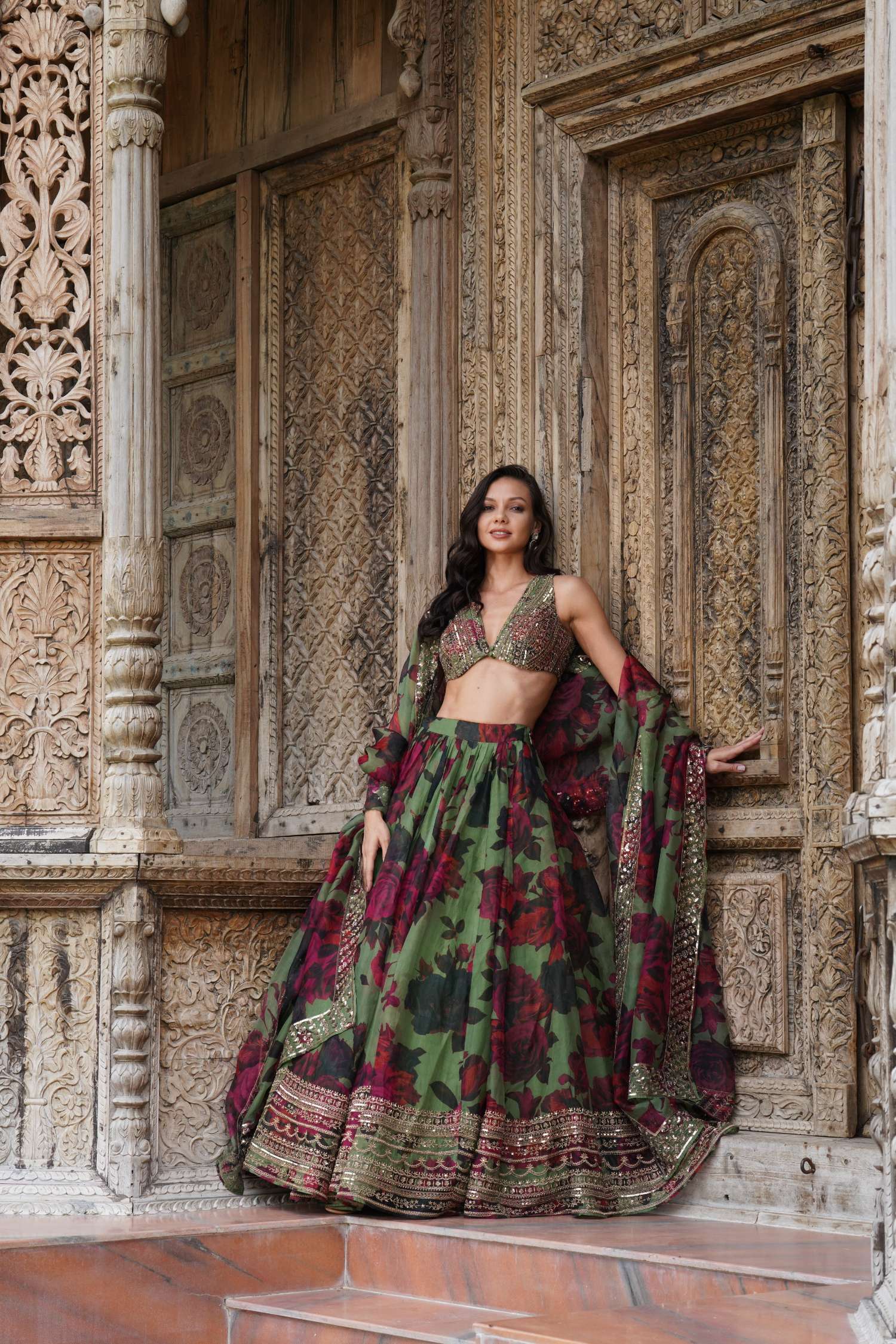 Mehendi Green Floral Lehenga Set