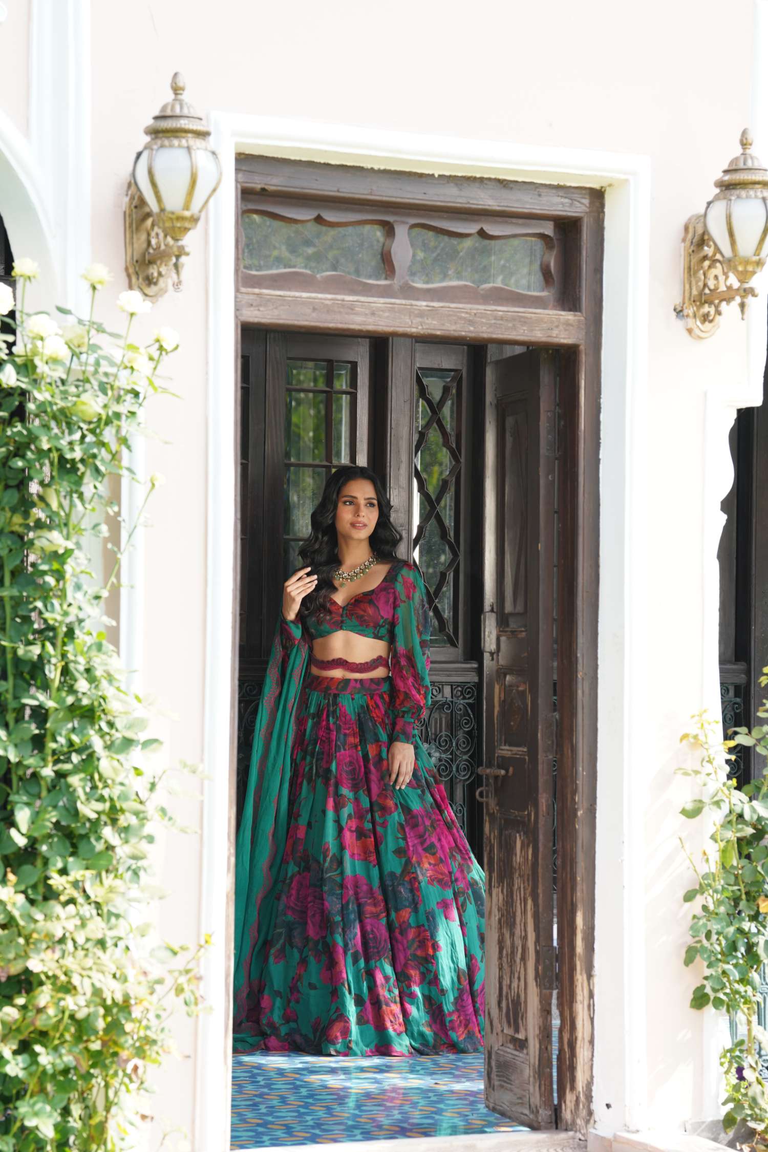 Teal Green Chiffon Floral Lehenga Set