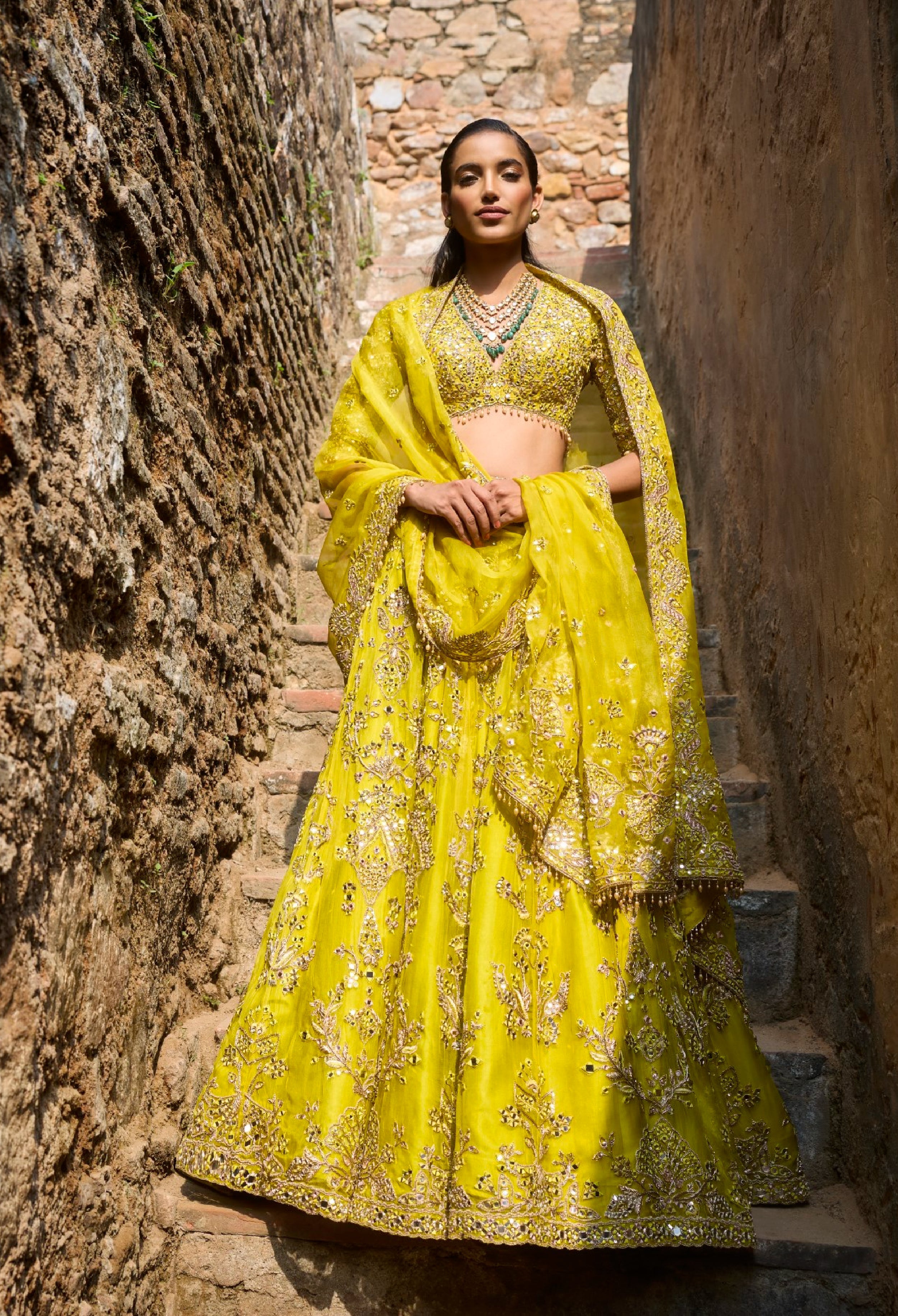 Lime Yellow Organza Lehenga  Set
