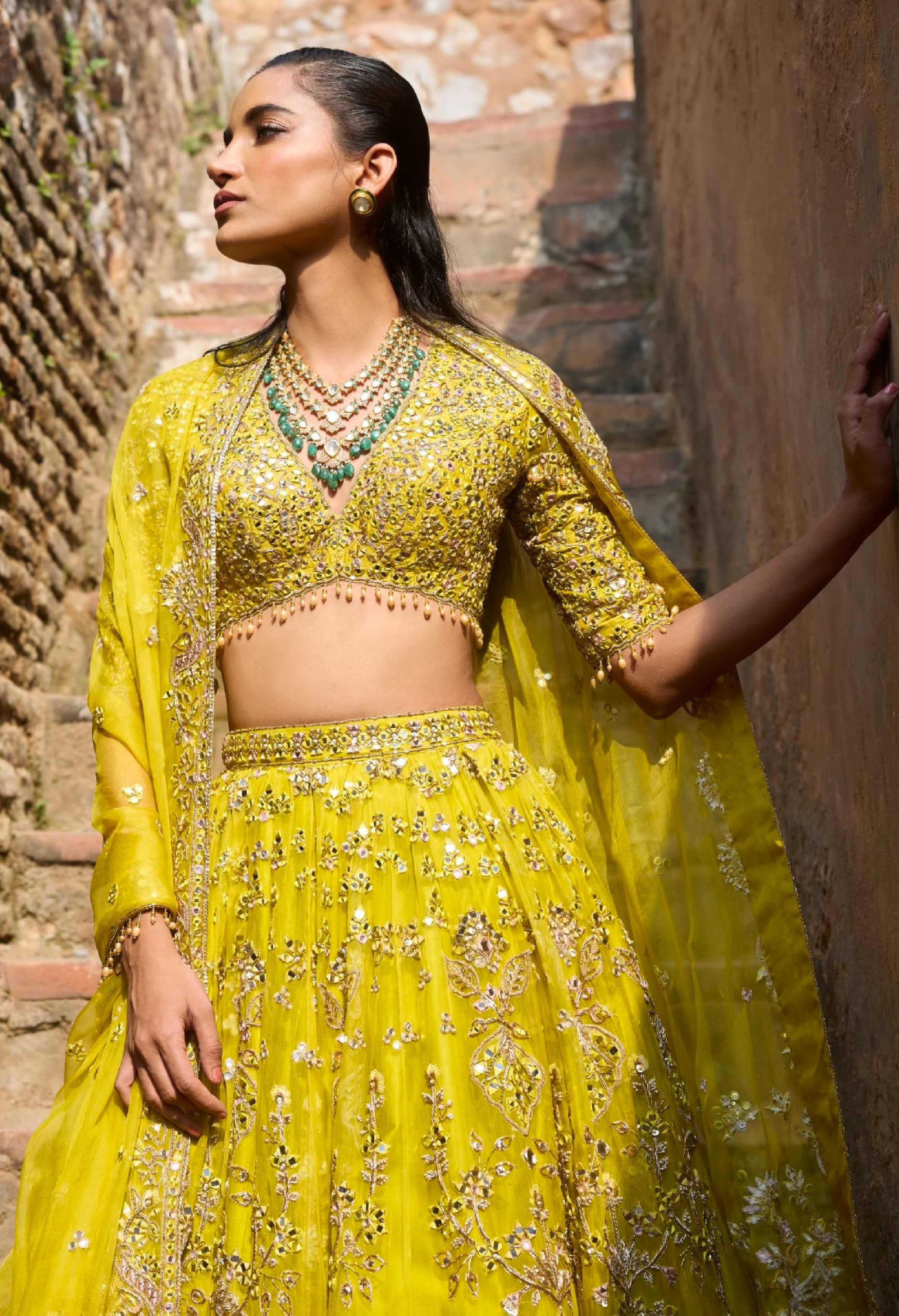 Lime Yellow Organza Lehenga  Set