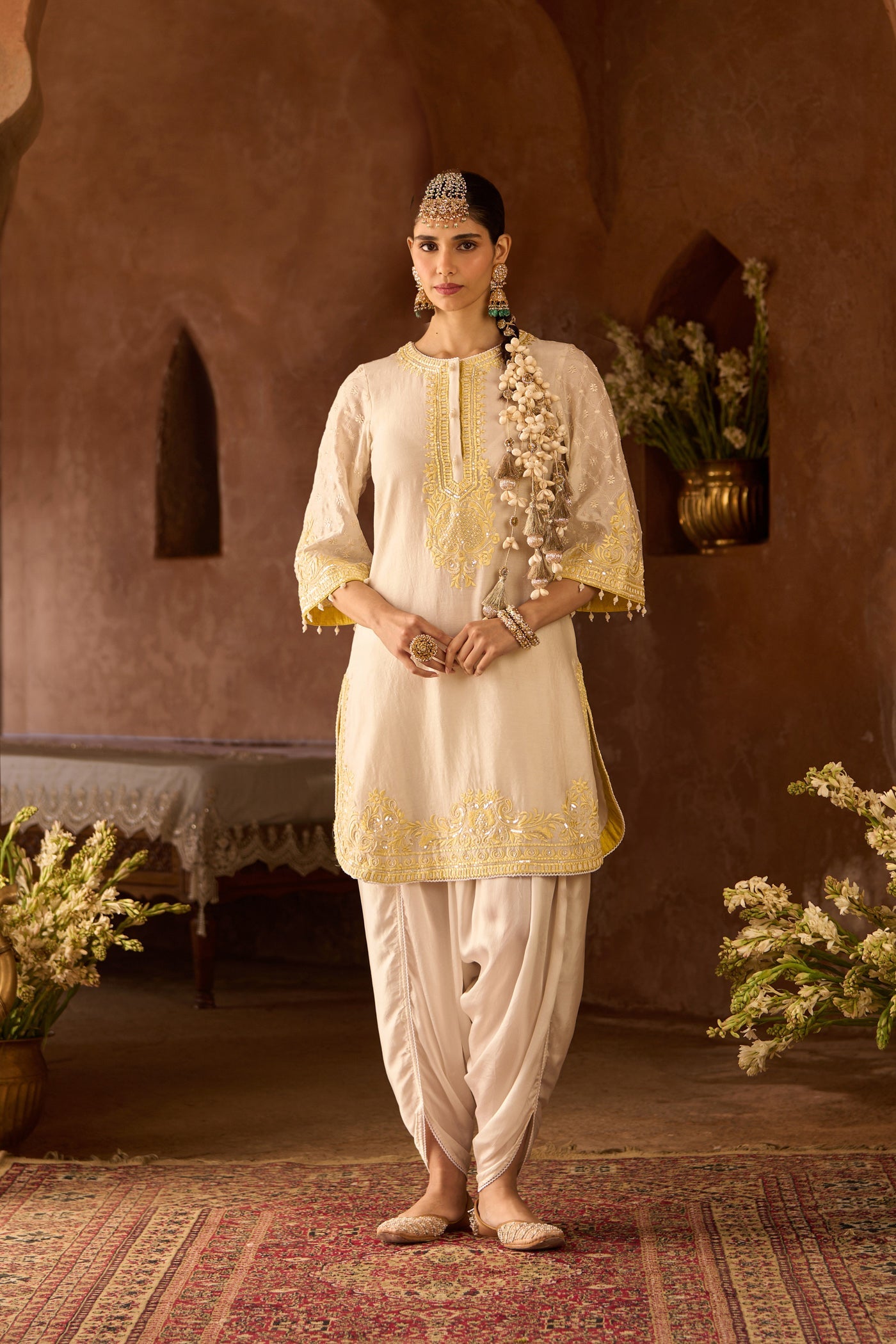 RUHI - DAISY IVORY WITH LEMON YELLOW SHORT KURTA AND DHOTI