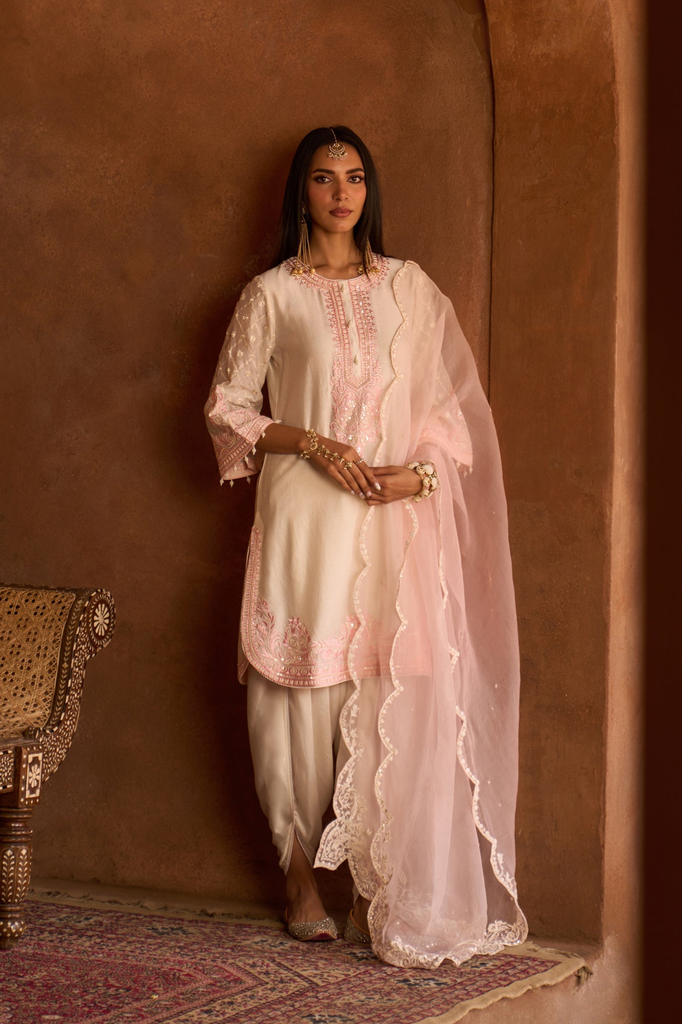 RUHI - DAISY IVORY WITH PINK SHORT KURTA AND DHOTI