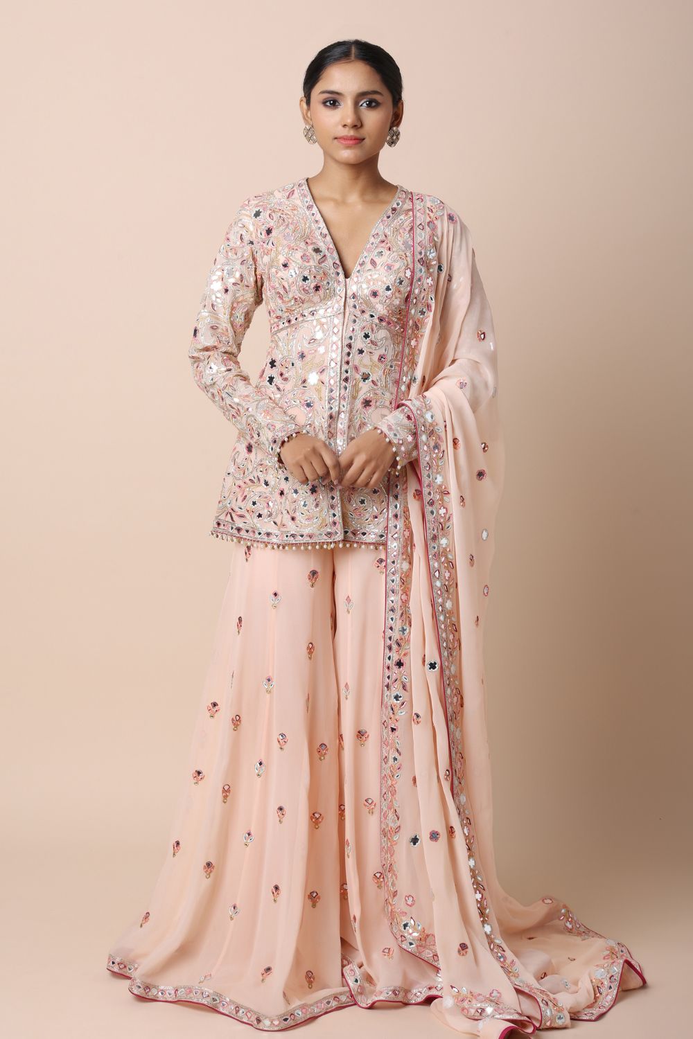 Peach Peplum Sharara Set