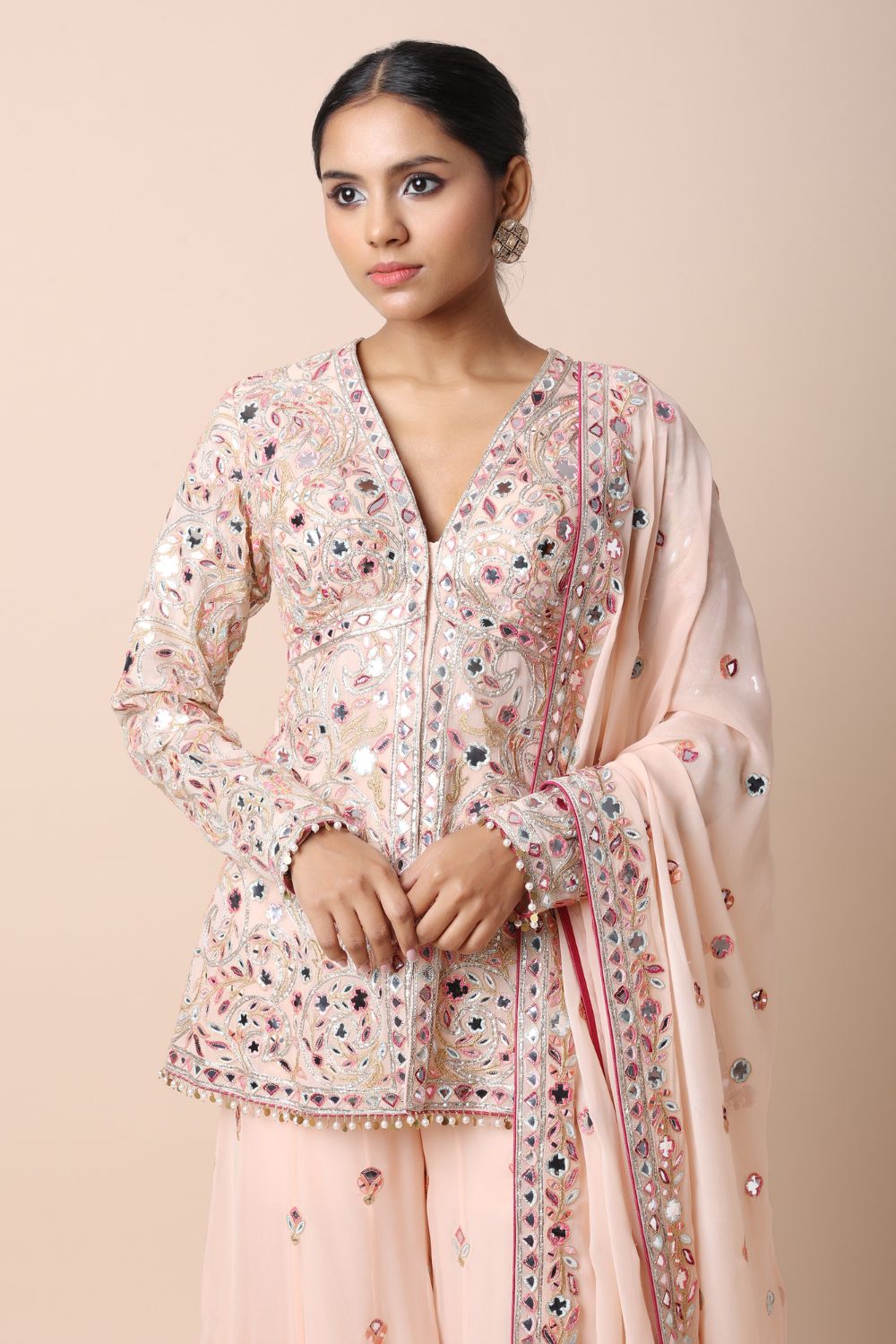 Peach Peplum Sharara Set
