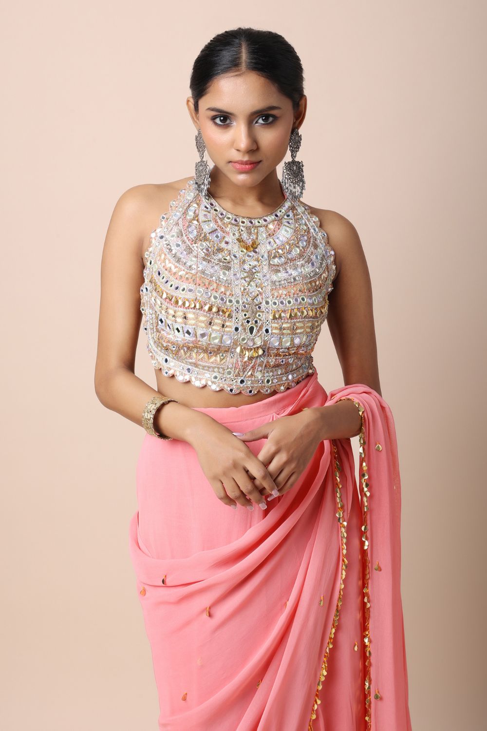 Neon Pink Pre-Stitched Saree Set