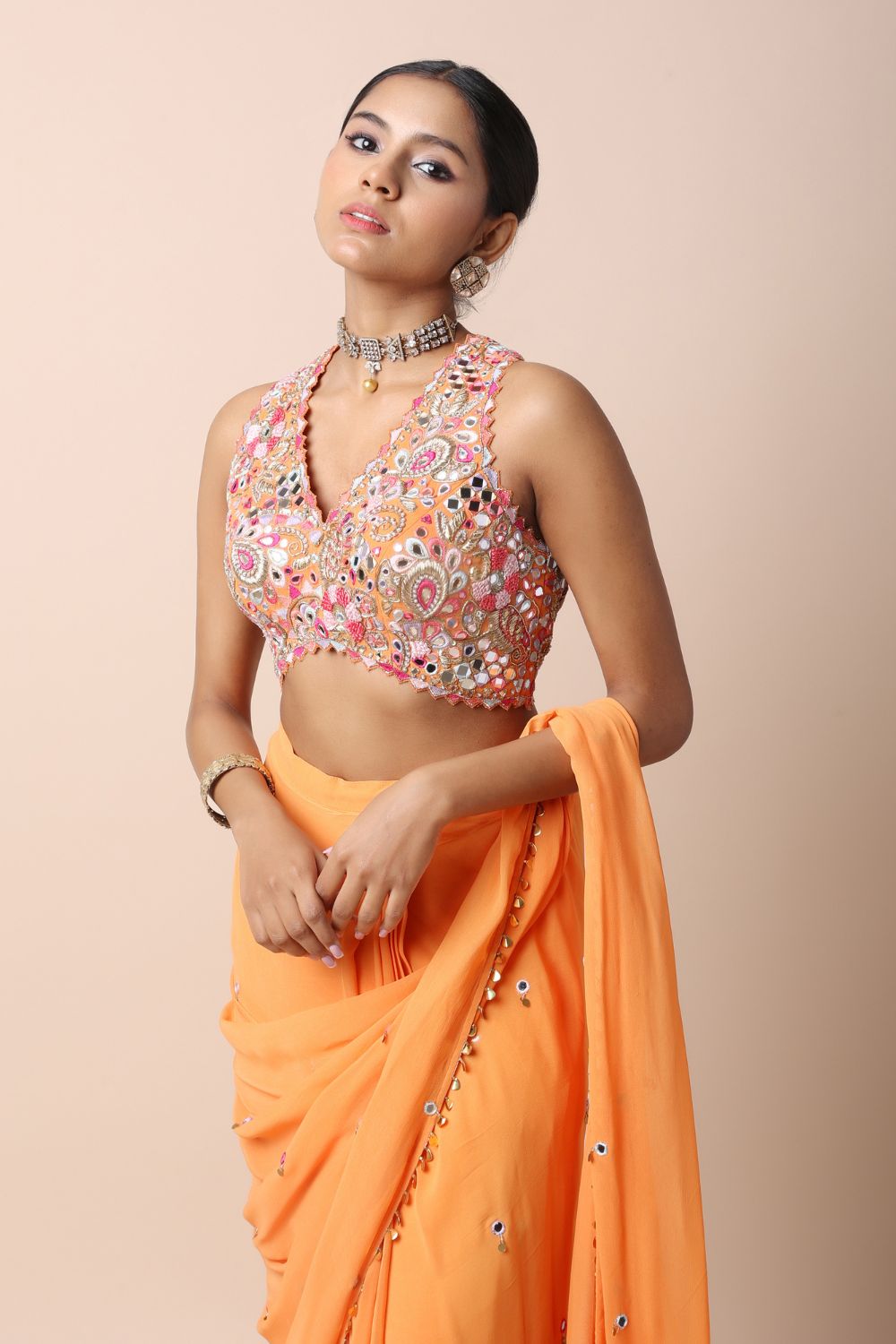 Tangerine Pre-Stitched Saree Set