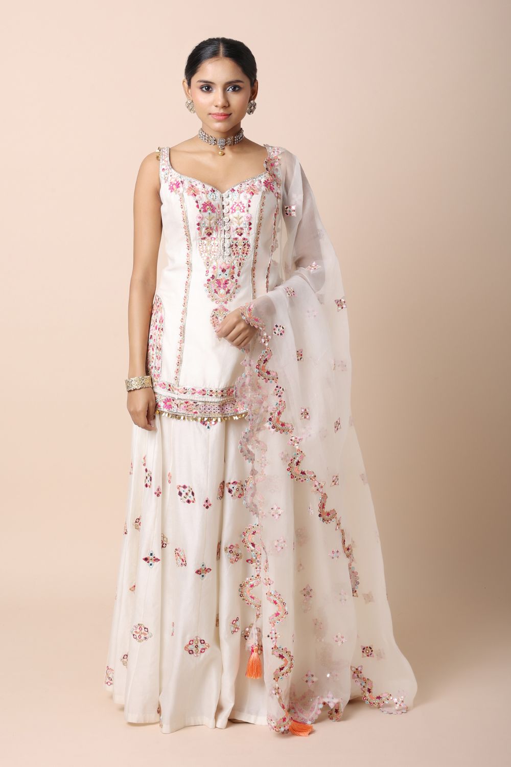 Ivory Embroidered Sharara Set