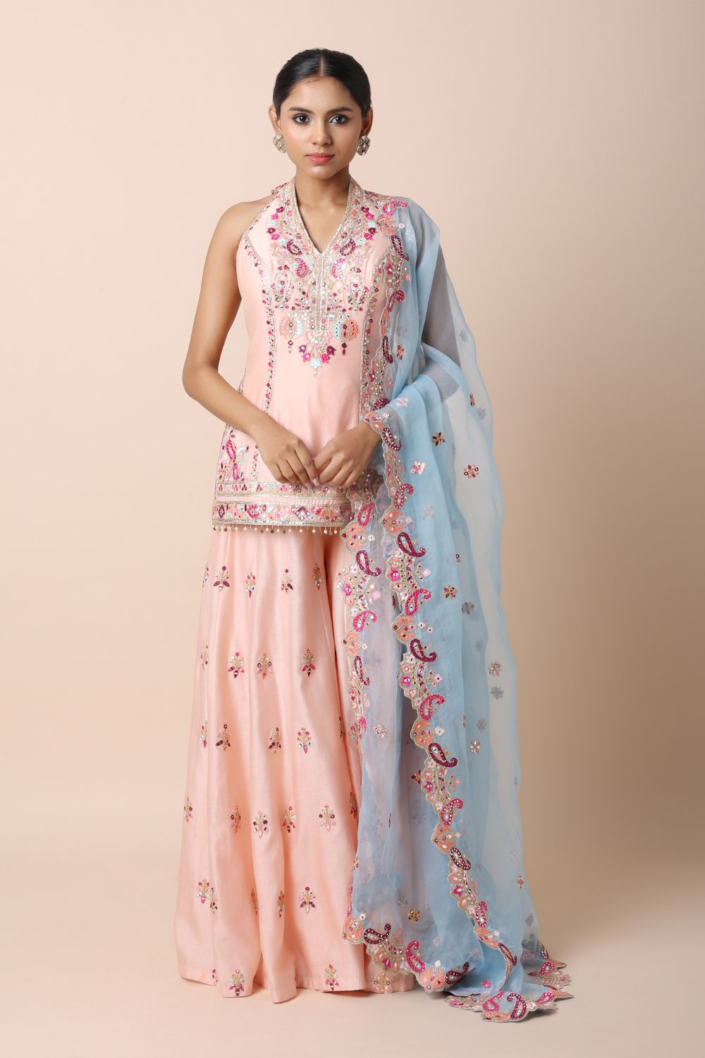 Peach Halter Sharara Set