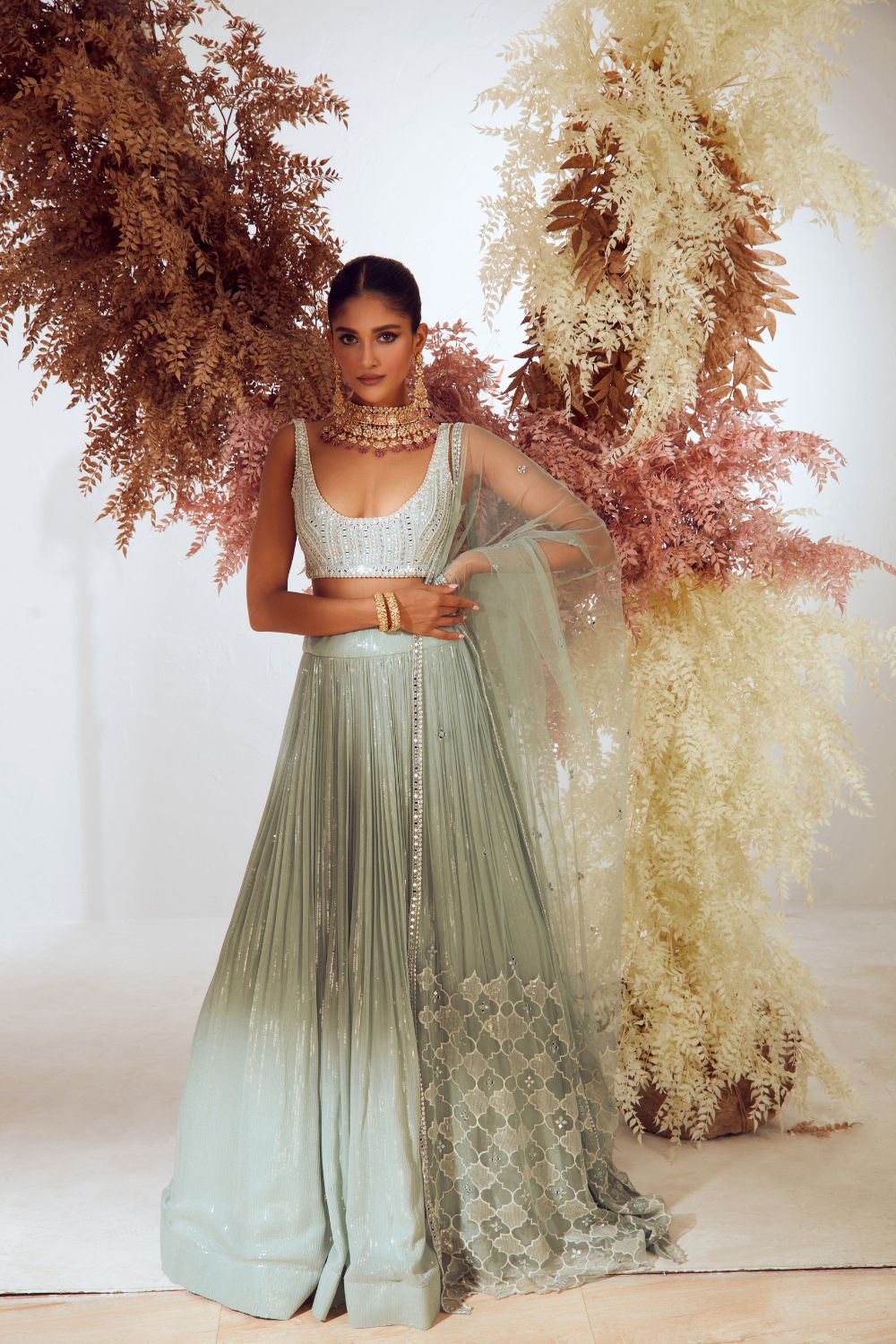 Sage green sequins lehenga