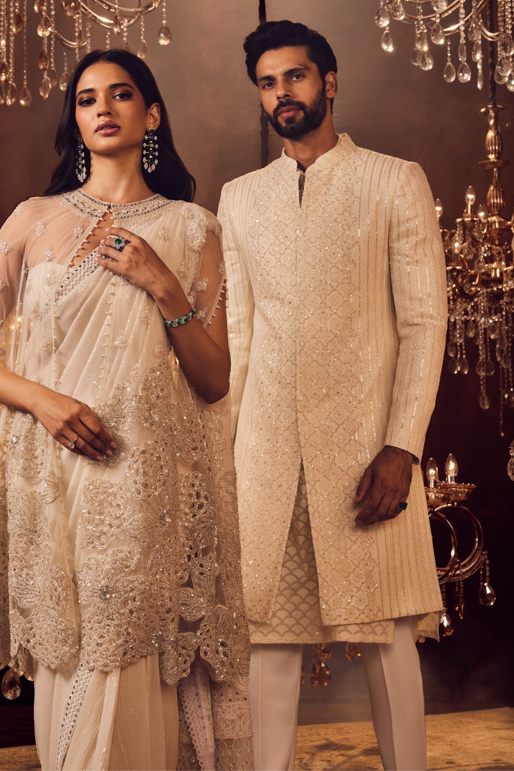 Ivory front pannel chikankari sherwani