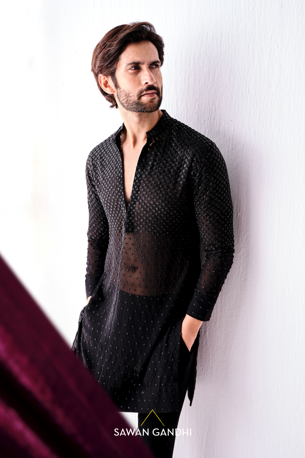 Black abstract cutdana kurta