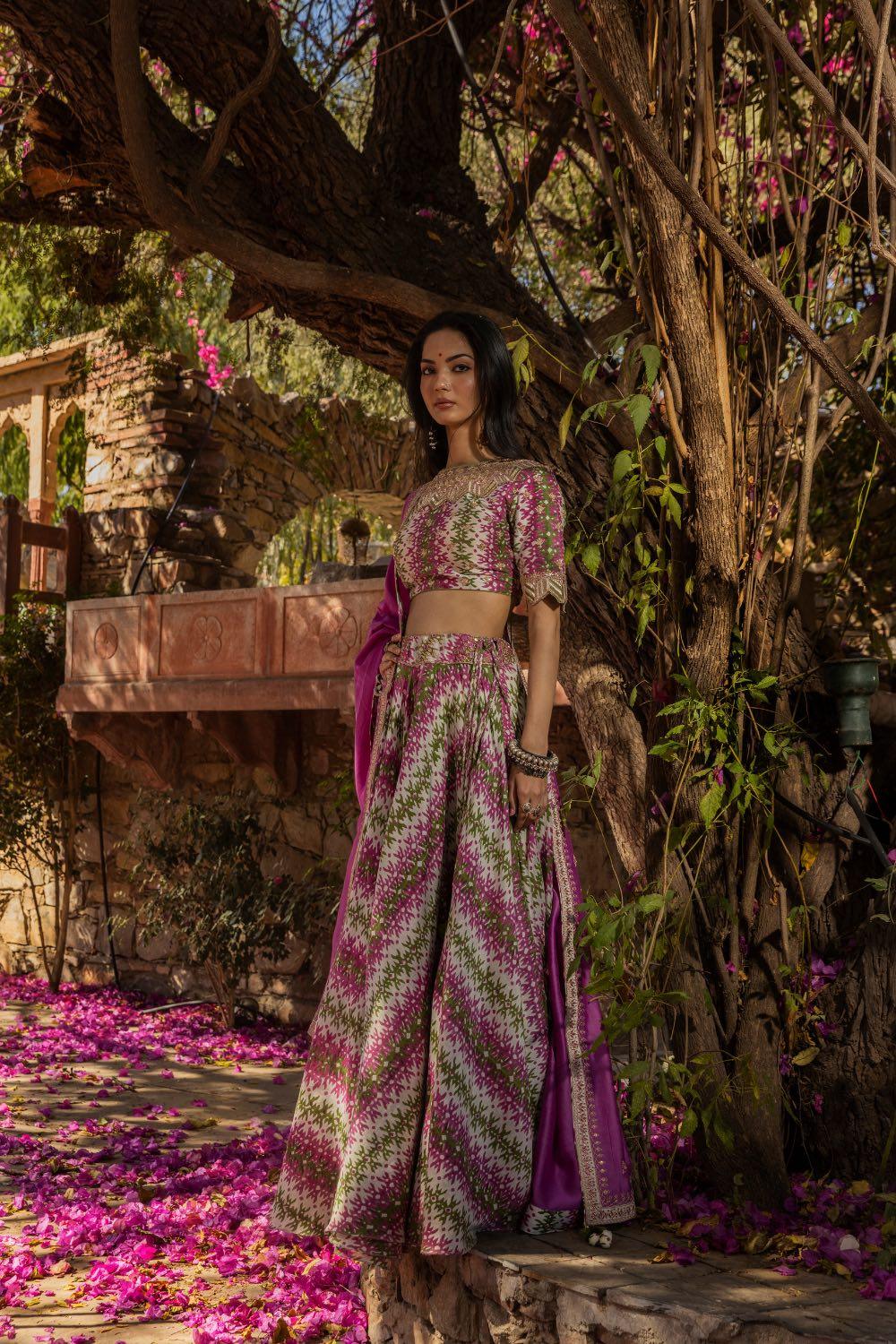 Hand Work Blouse With Printed Lehenga And Dupatta