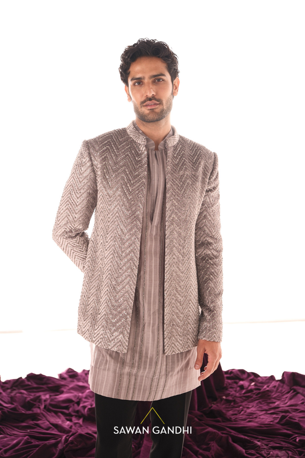 Taupe chevron bandhgala