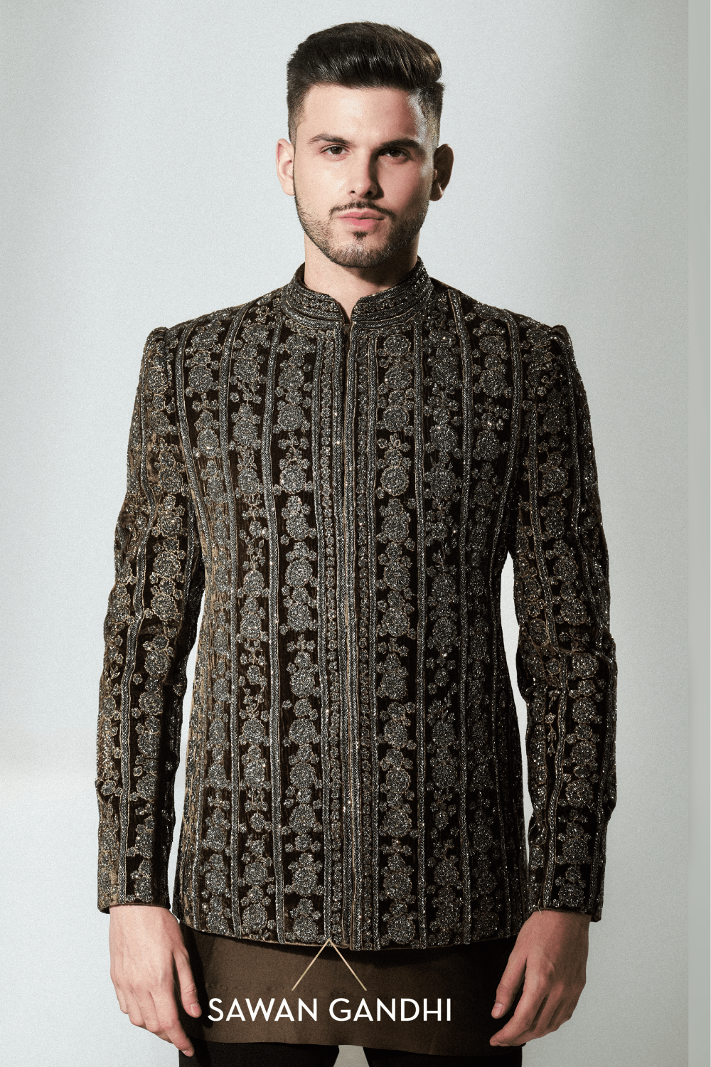 Coffee brown velvet bandhgala floral lines