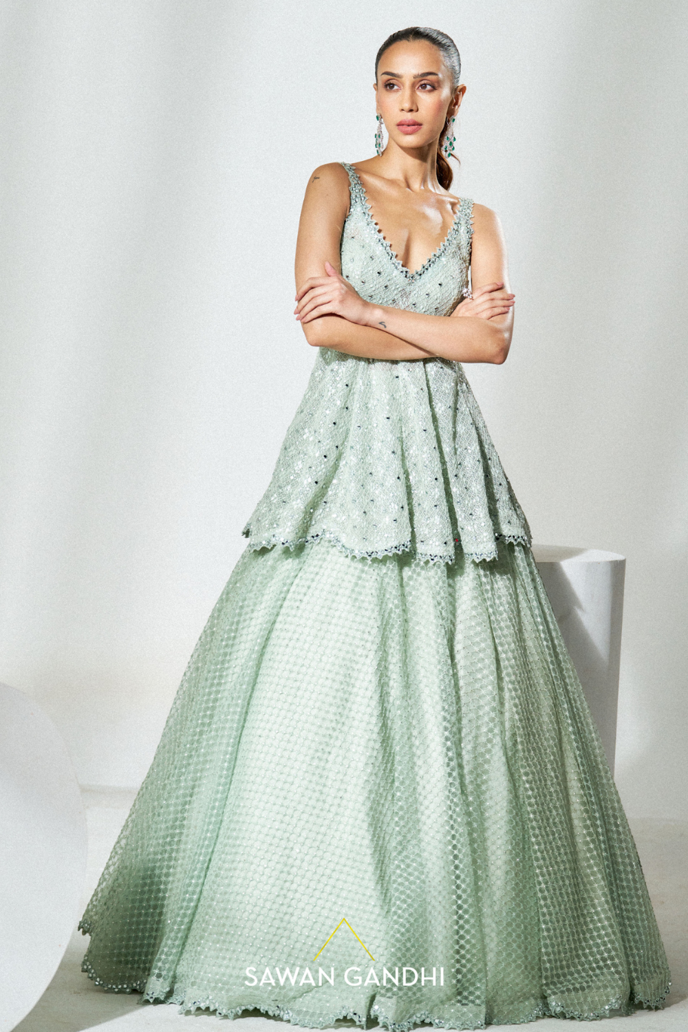 Sage green peplum lehenga