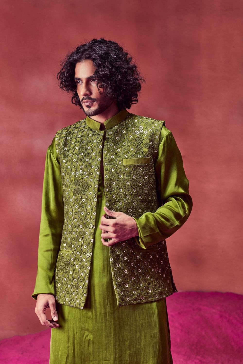Olive Green Silk Kurta With Bundi Set
