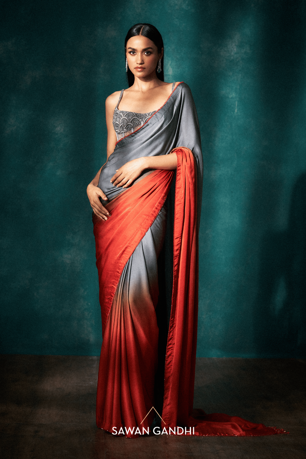 Grey orange ombre saree
