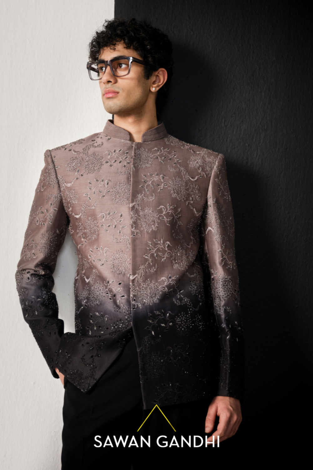 taupe to black threadwork and cutdana bandhgala