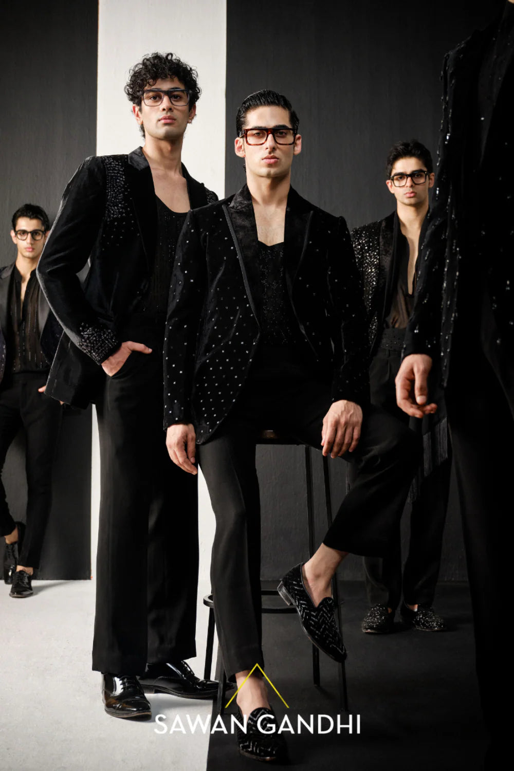 Black rhombus work velvet jacket