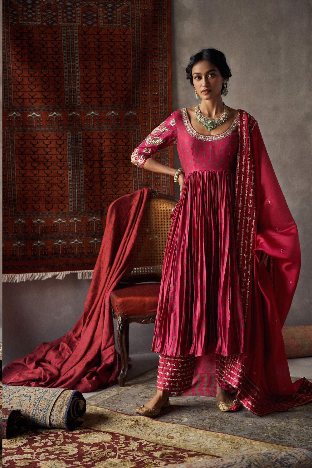 Cherry Red Silk Chanderi Crushed Anarkali Set