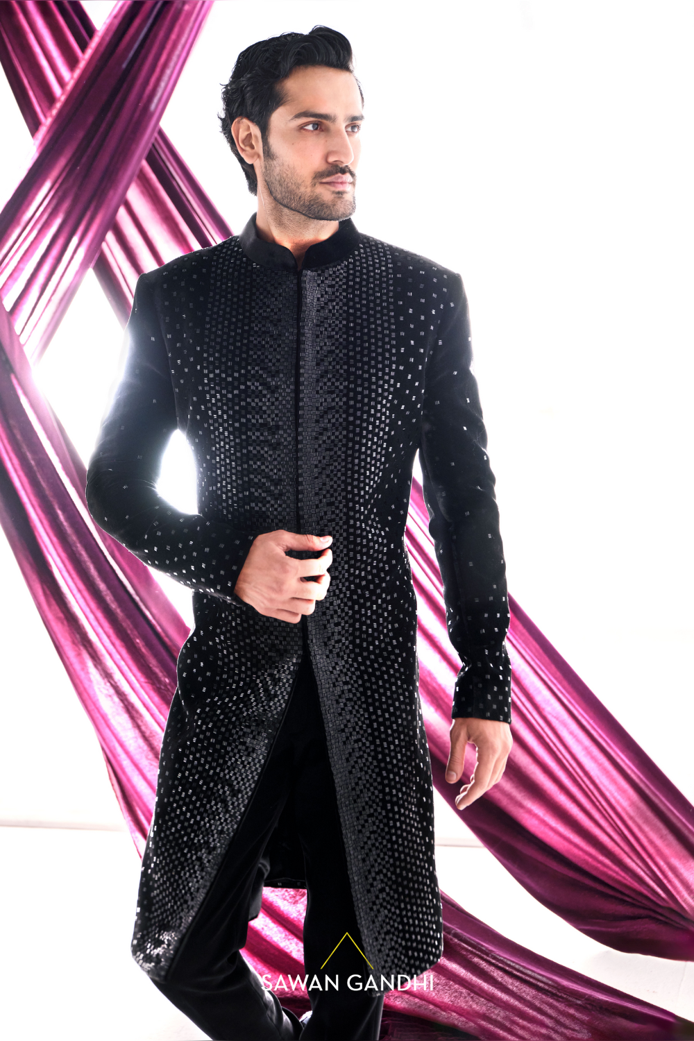 Black abstract cutdana sherwani