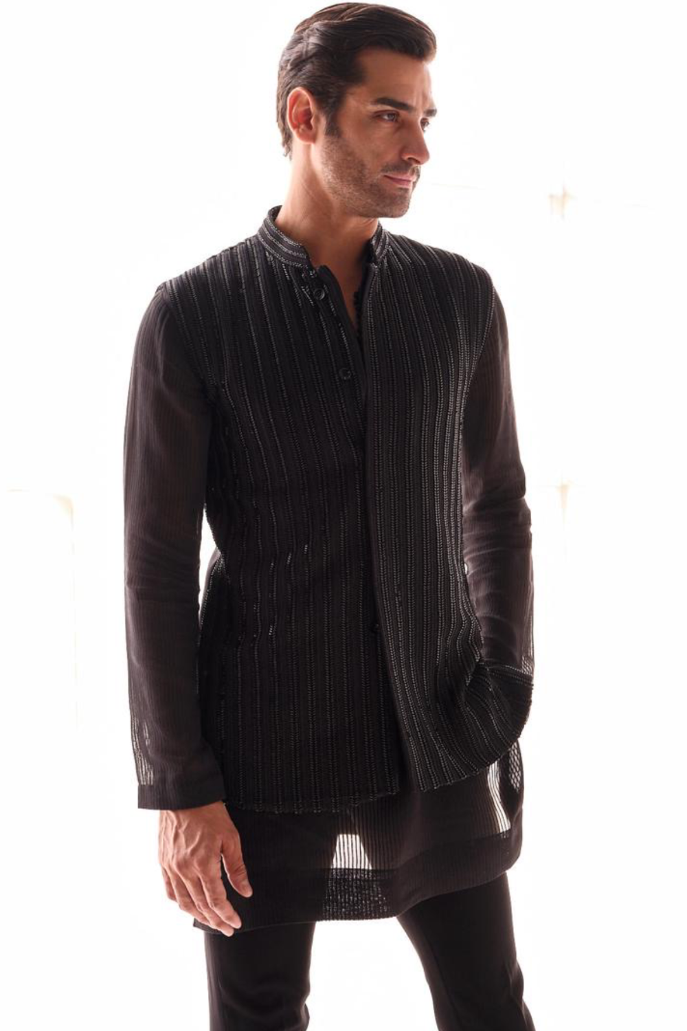 Black nehru with cutdana embroidery