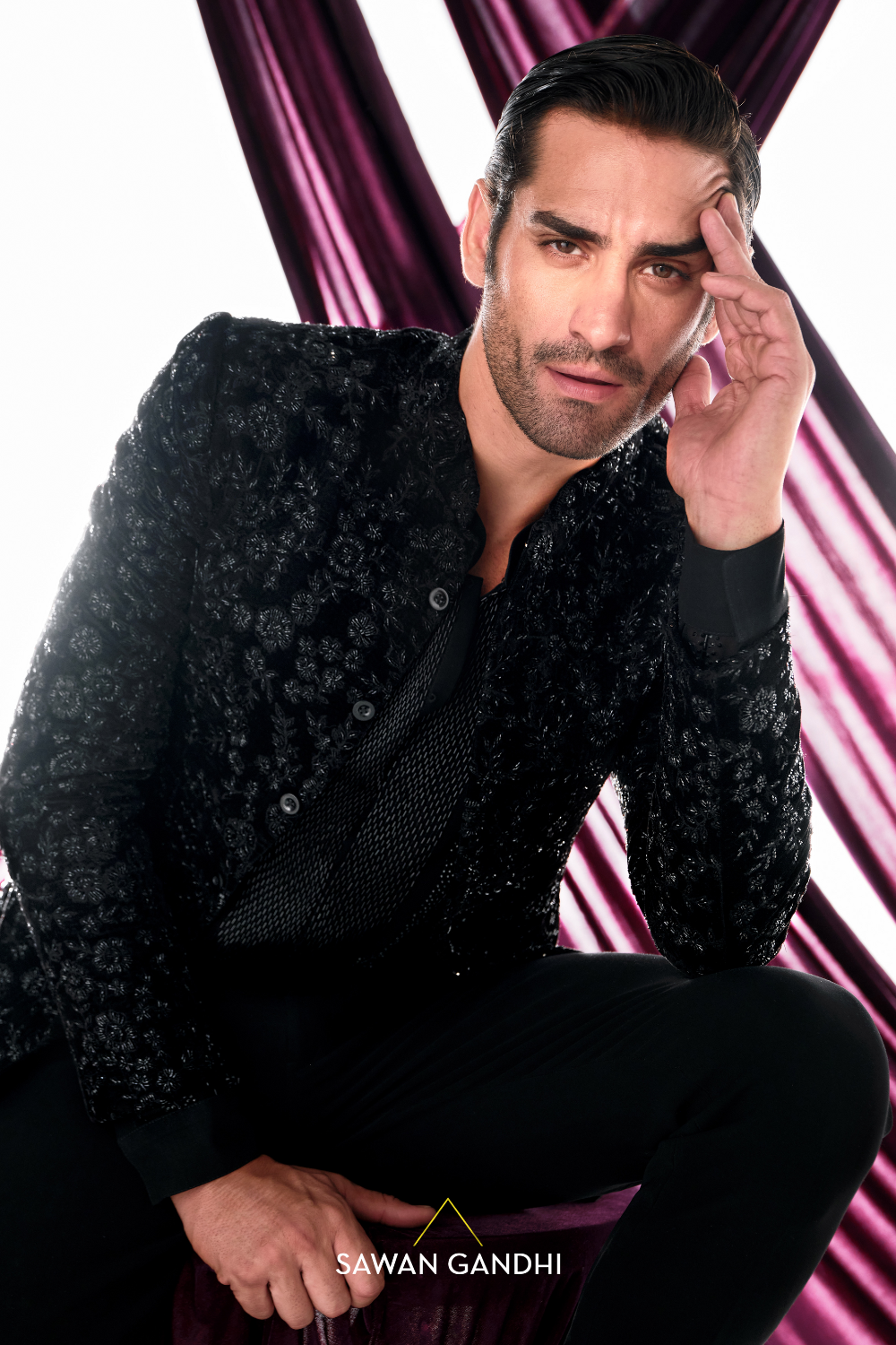 Black velvet cutdana work bandhgala