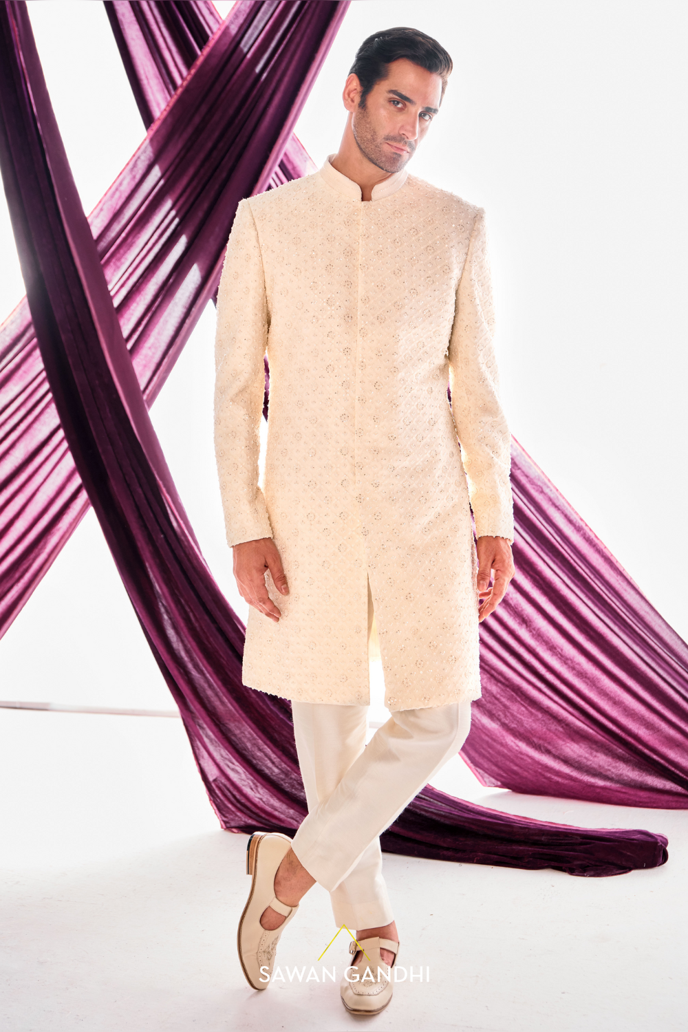 Ivory Chikankari sherwani