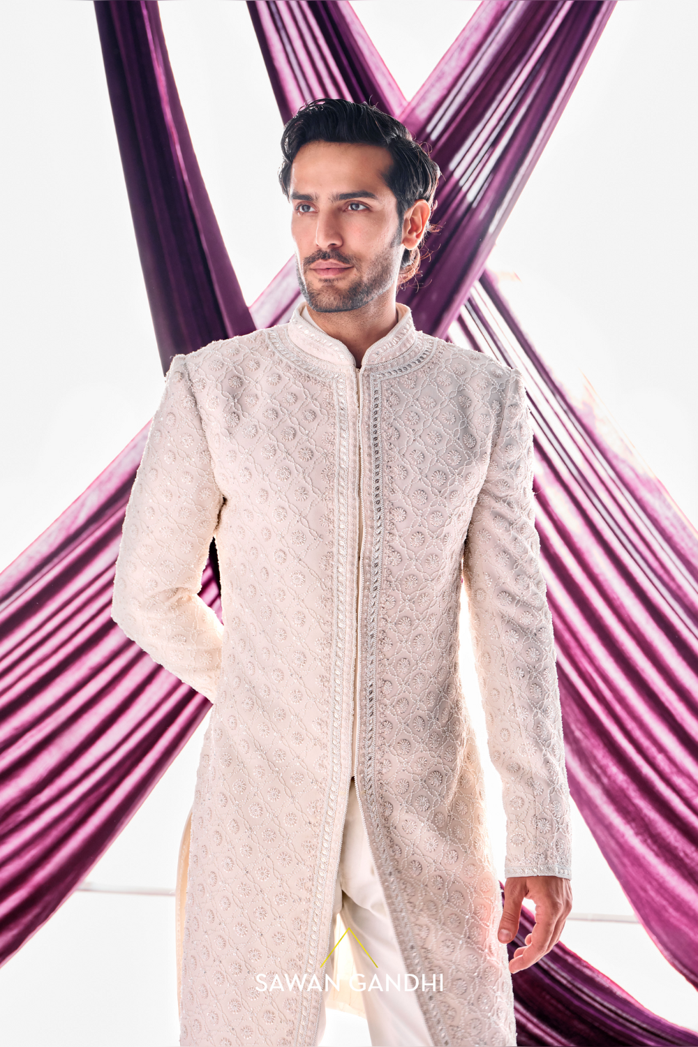 Ivory Chikankari sherwani with pearl detail