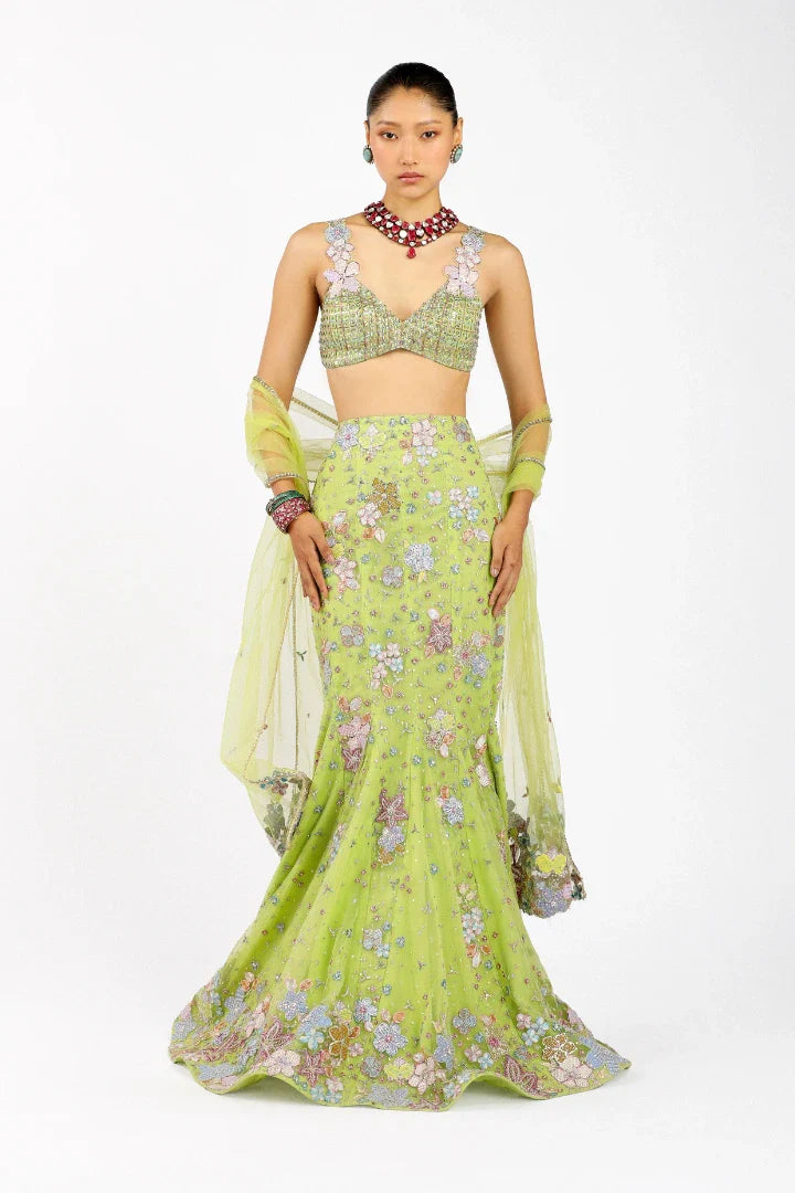Verphine - Lime Green Tulle Net Mermaid Lehenga Set