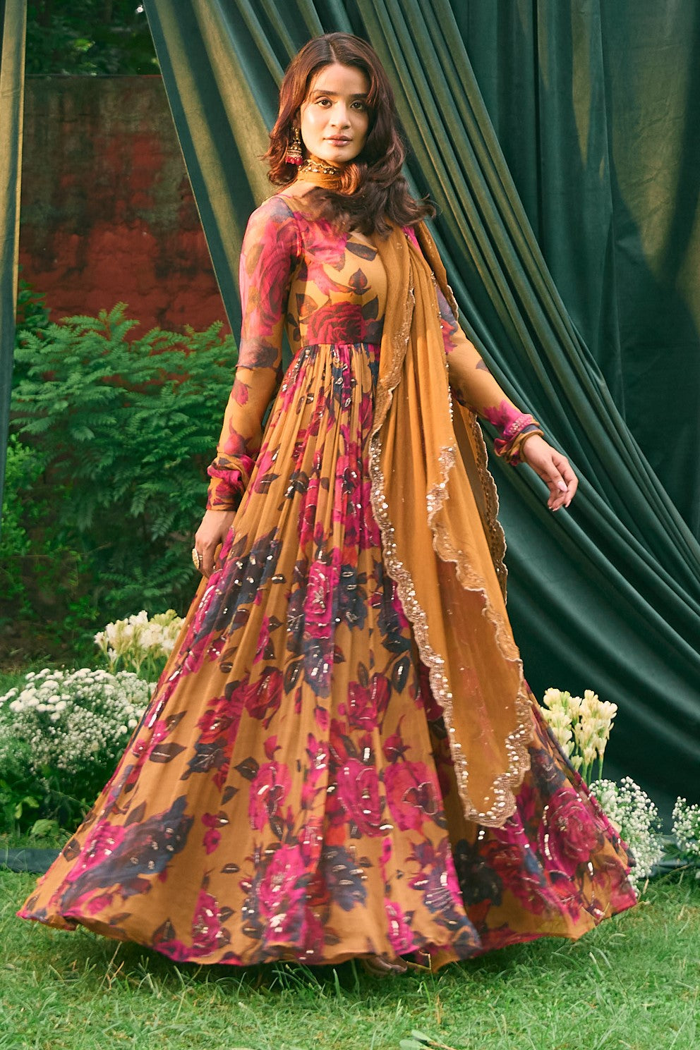 Mustard Chiffon Floral Anarkali Set