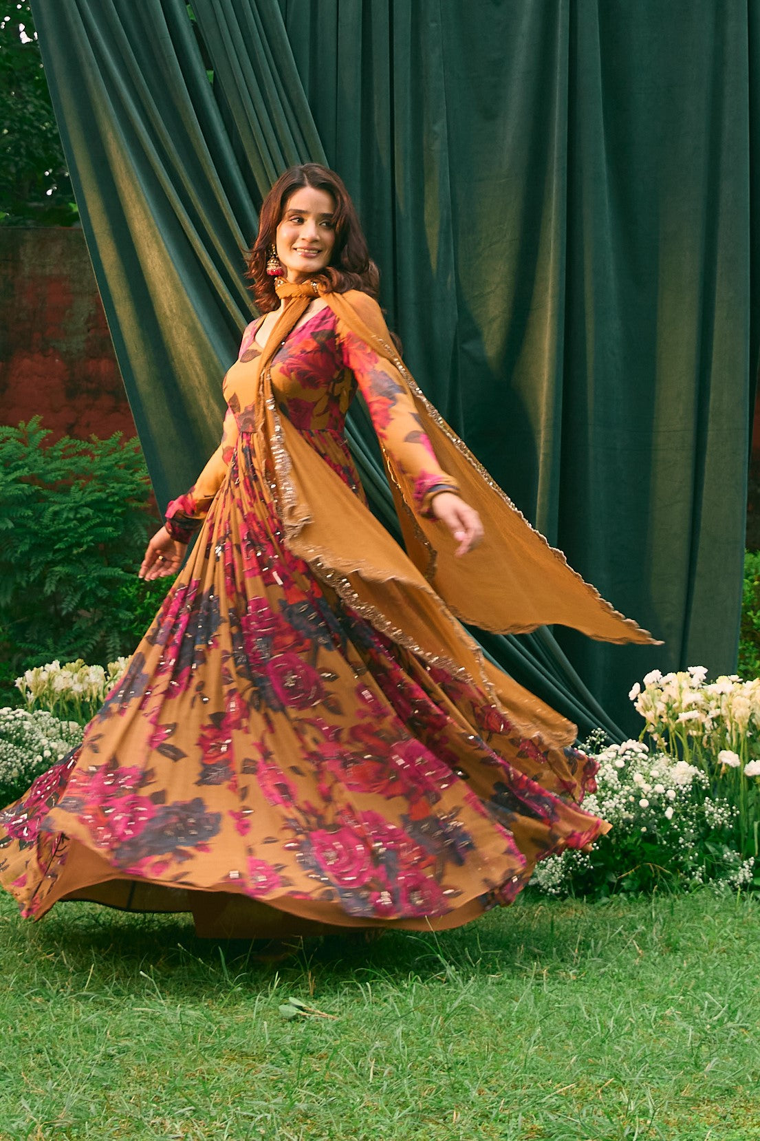 Mustard Chiffon Floral Anarkali Set