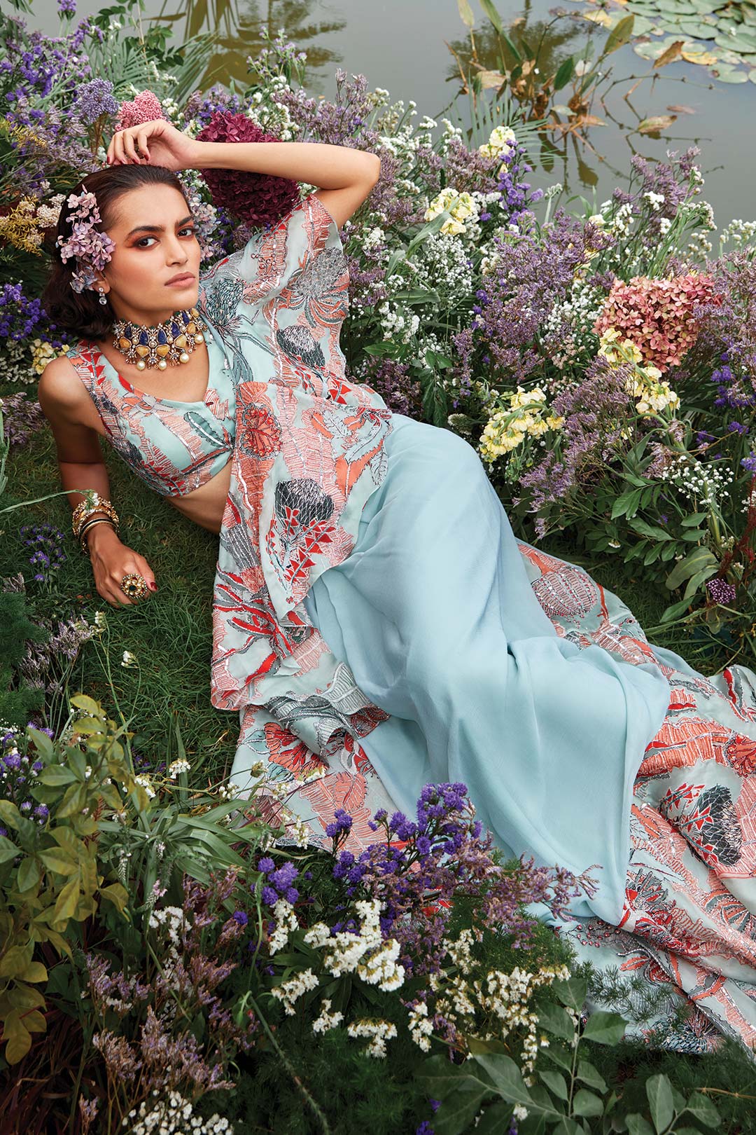 Riviera - Powder Blue Chiffon Saree Set