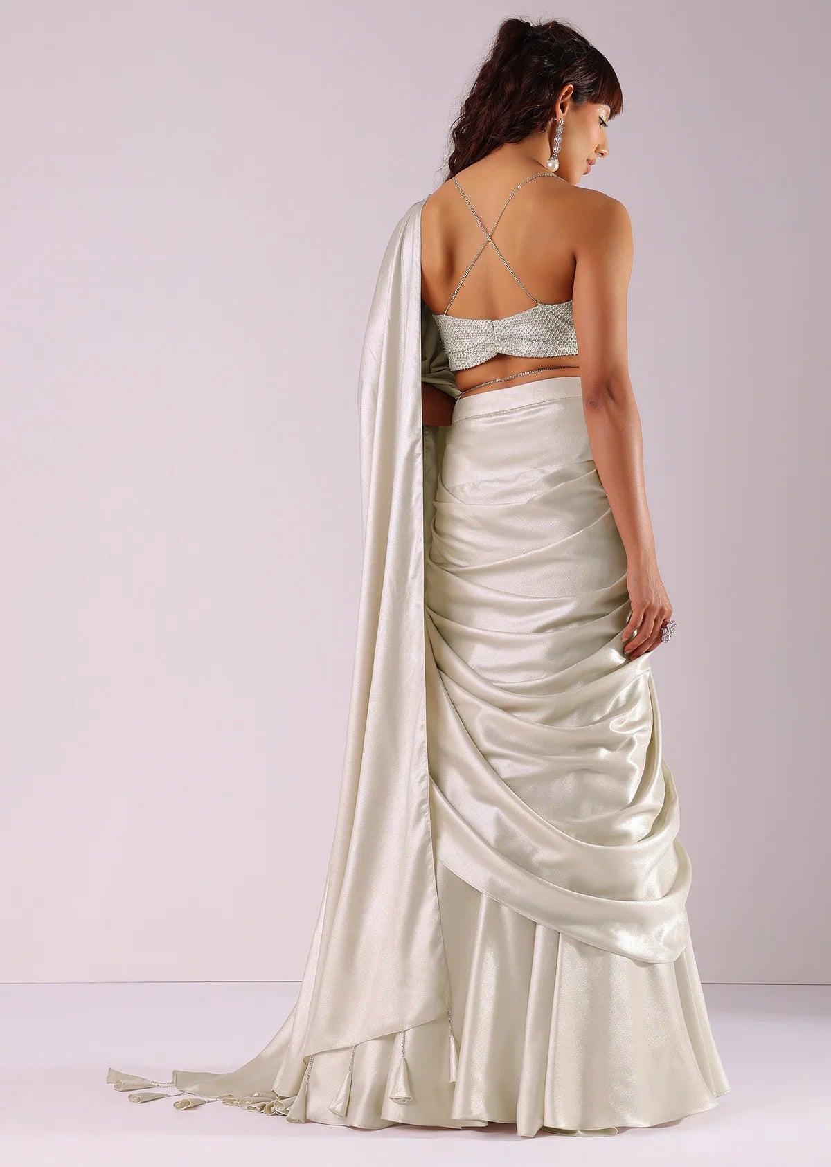 Glam Silver Ready-To-Wear Lehenga Saree In Foil With Mesh Blouse