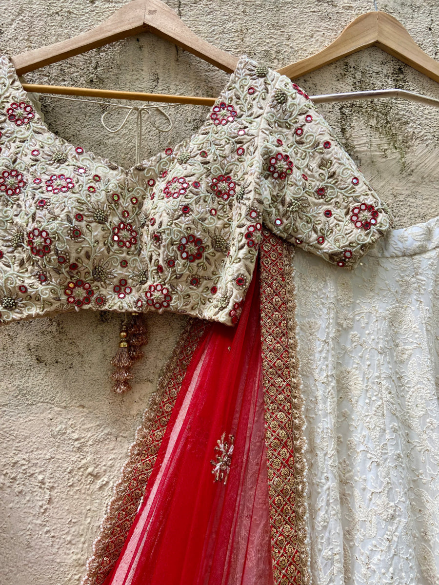 Ave Chicago x Priti Sahni Ivory And Red Bridal Lehenga Set